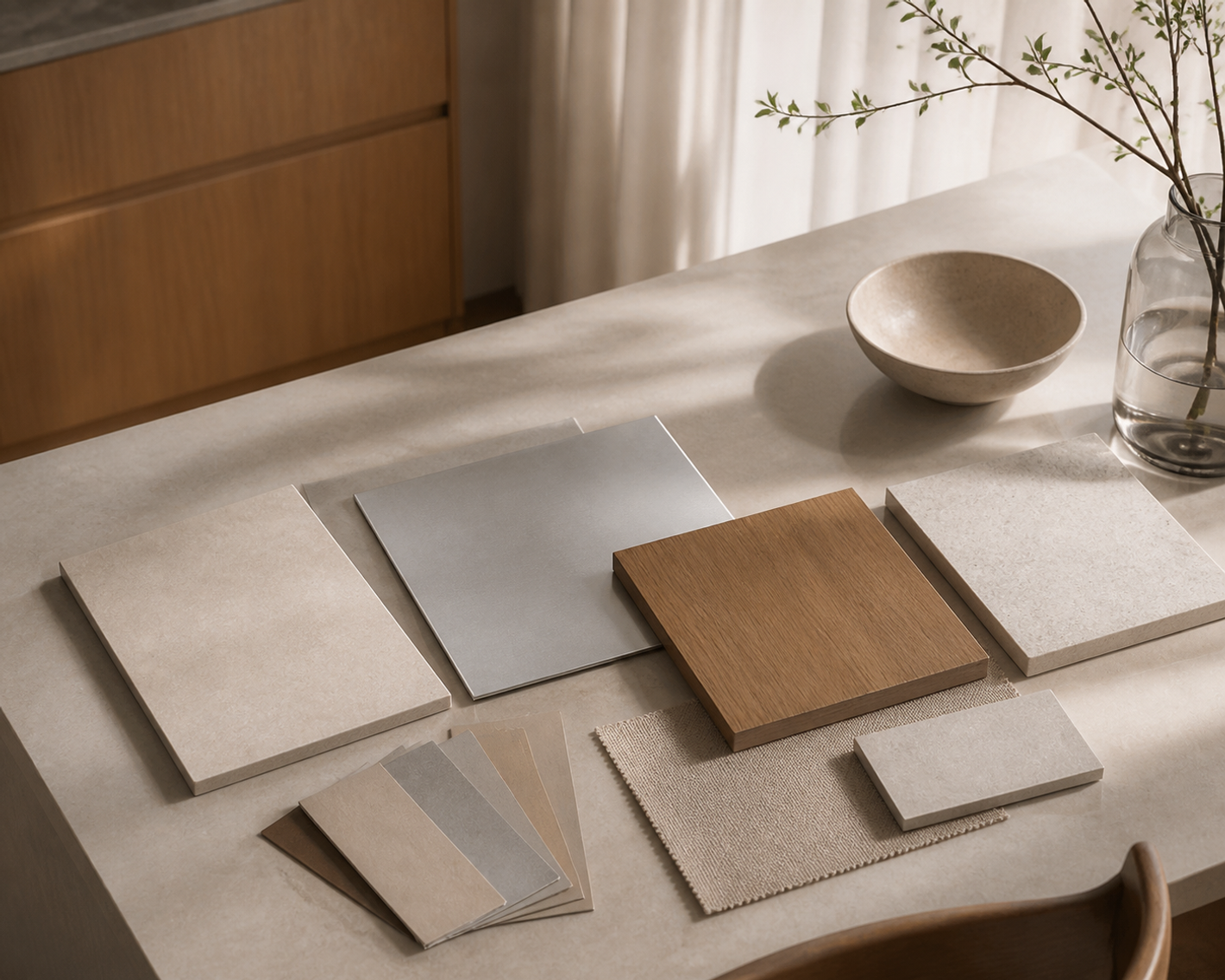 Planning-context atmosphere: cabinetry samples, pale stone, and warm oak arranged on a quiet kitchen planning surface for a buyer framework article.