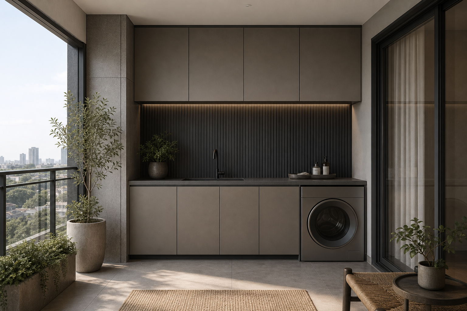 Fadior Dusk Balcony Suite with Slate Utility Screen — lifestyle setting with natural light and residential styling