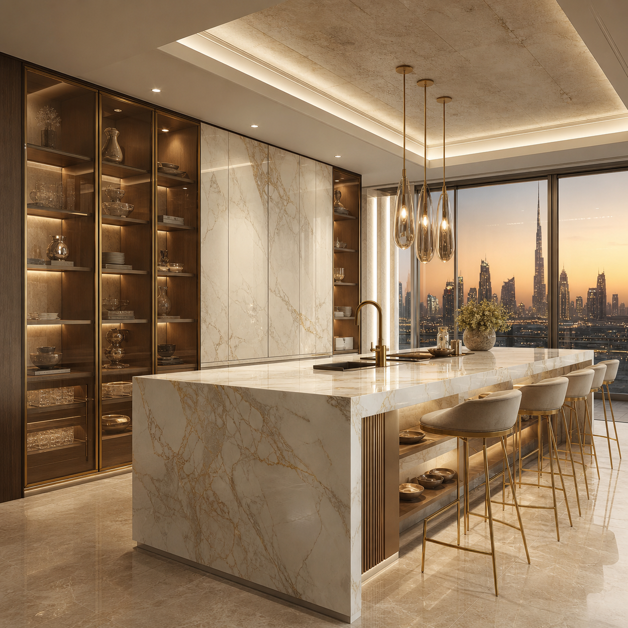 Comparison-style kitchen scene showing a tall storage wall and island work zone in one luminous room.