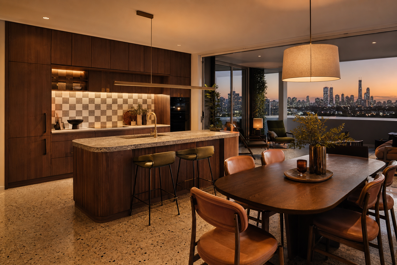 Fadior Gold Coast 80 sqm Kitchen Villa — Gold Coast villa kitchen with walnut cabinet wall, stone island, terrazzo floor, checkerboard tile backsplash, dining table, leather chairs, pendant lamp, and city window — 304 stainless steel cabinetry installation by Fadior