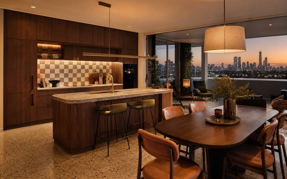 Fadior Gold Coast 80 sqm Kitchen Villa — Gold Coast villa kitchen with walnut cabinet wall, stone island, terrazzo floor, checkerboard tile backsplash, dining table, leather chairs, pendant lamp, and city window — 304 stainless steel cabinetry installation by Fadior