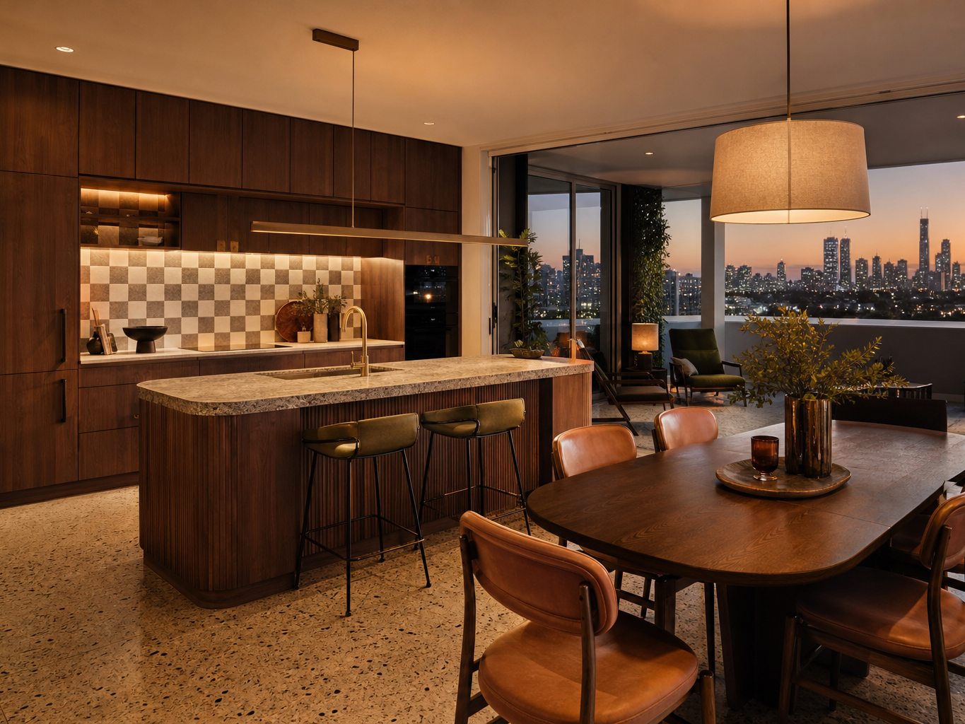 Fadior Gold Coast 80 sqm Kitchen Villa — Gold Coast villa kitchen with walnut cabinet wall, stone island, terrazzo floor, checkerboard tile backsplash, dining table, leather chairs, pendant lamp, and city window