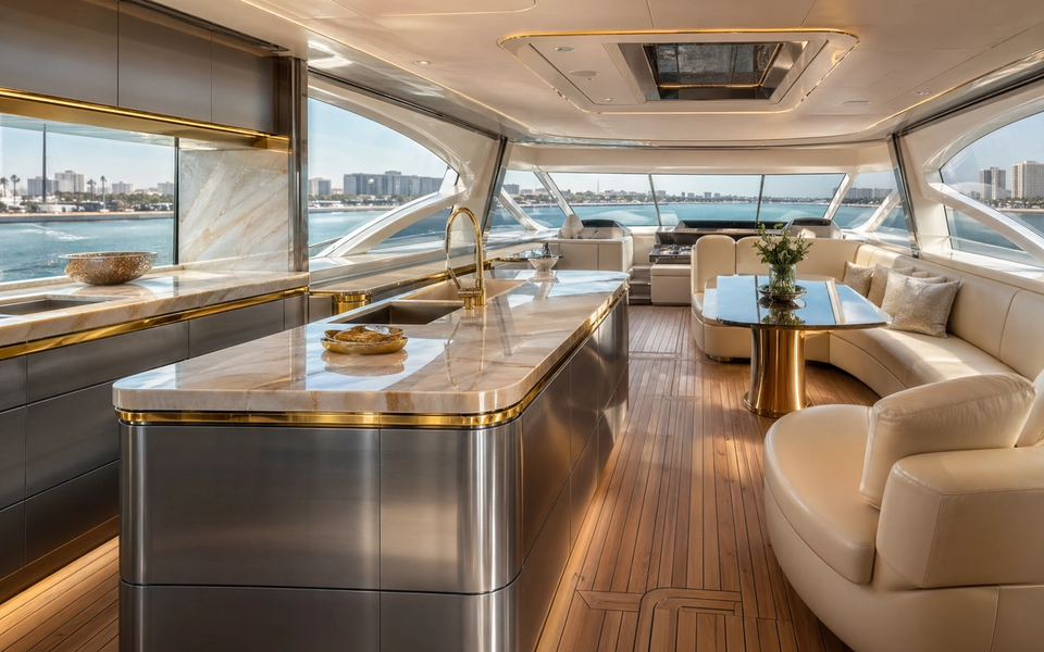 Fadior Gulf Custom Yacht — stainless steel island, onyx counter, gold trim, teak floor, curved yacht windows