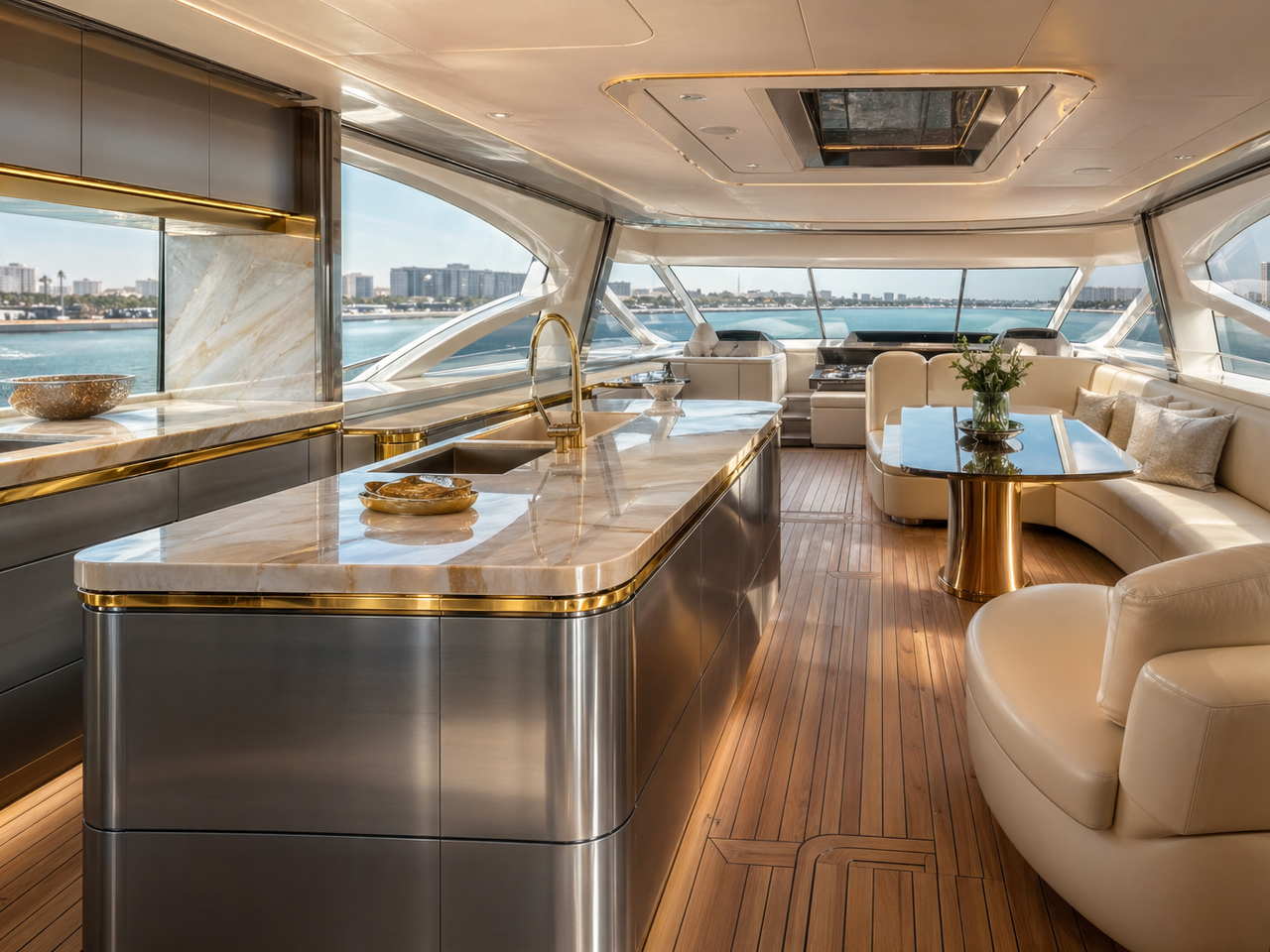 Fadior Gulf Custom Yacht — stainless steel island, onyx counter, gold trim, teak floor, curved yacht windows — 304 stainless steel cabinetry installation by Fadior
