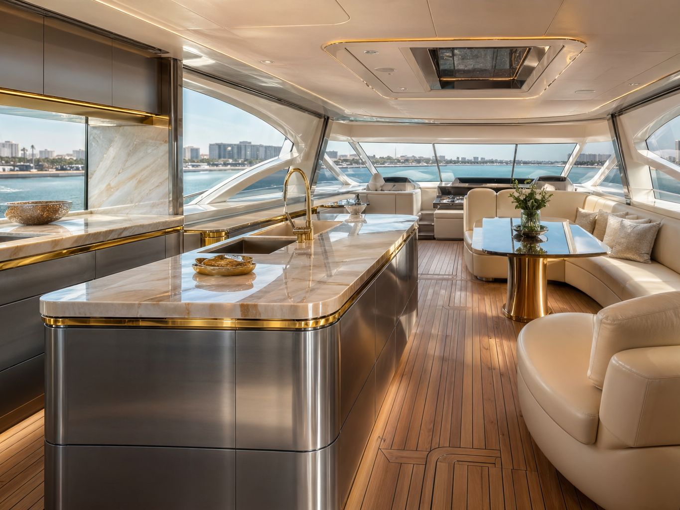 Fadior Gulf Custom Yacht — stainless steel island, onyx counter, gold trim, teak floor, curved yacht windows