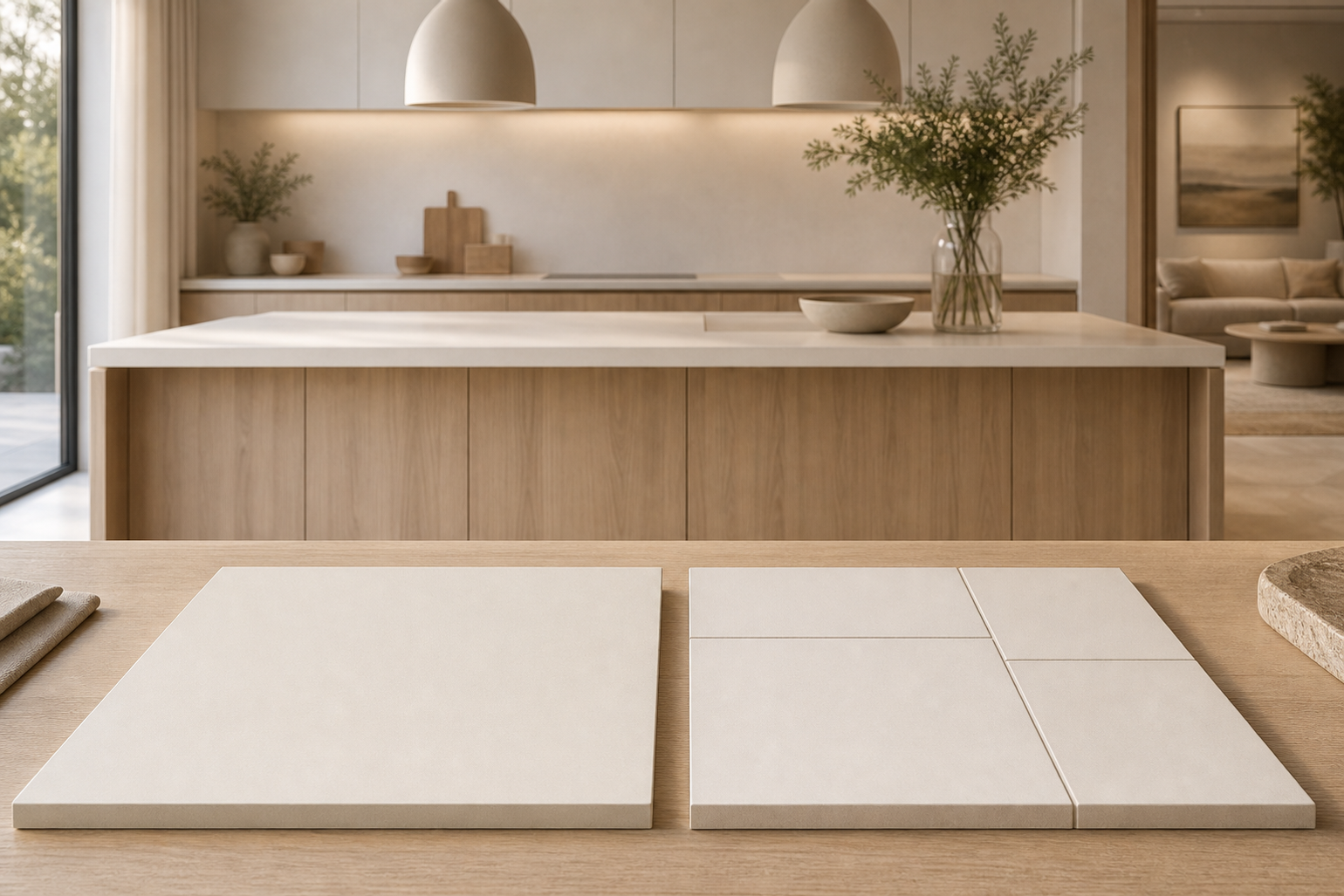 Kitchen decision comparison showing continuous ivory panels beside segmented samples on warm oak.