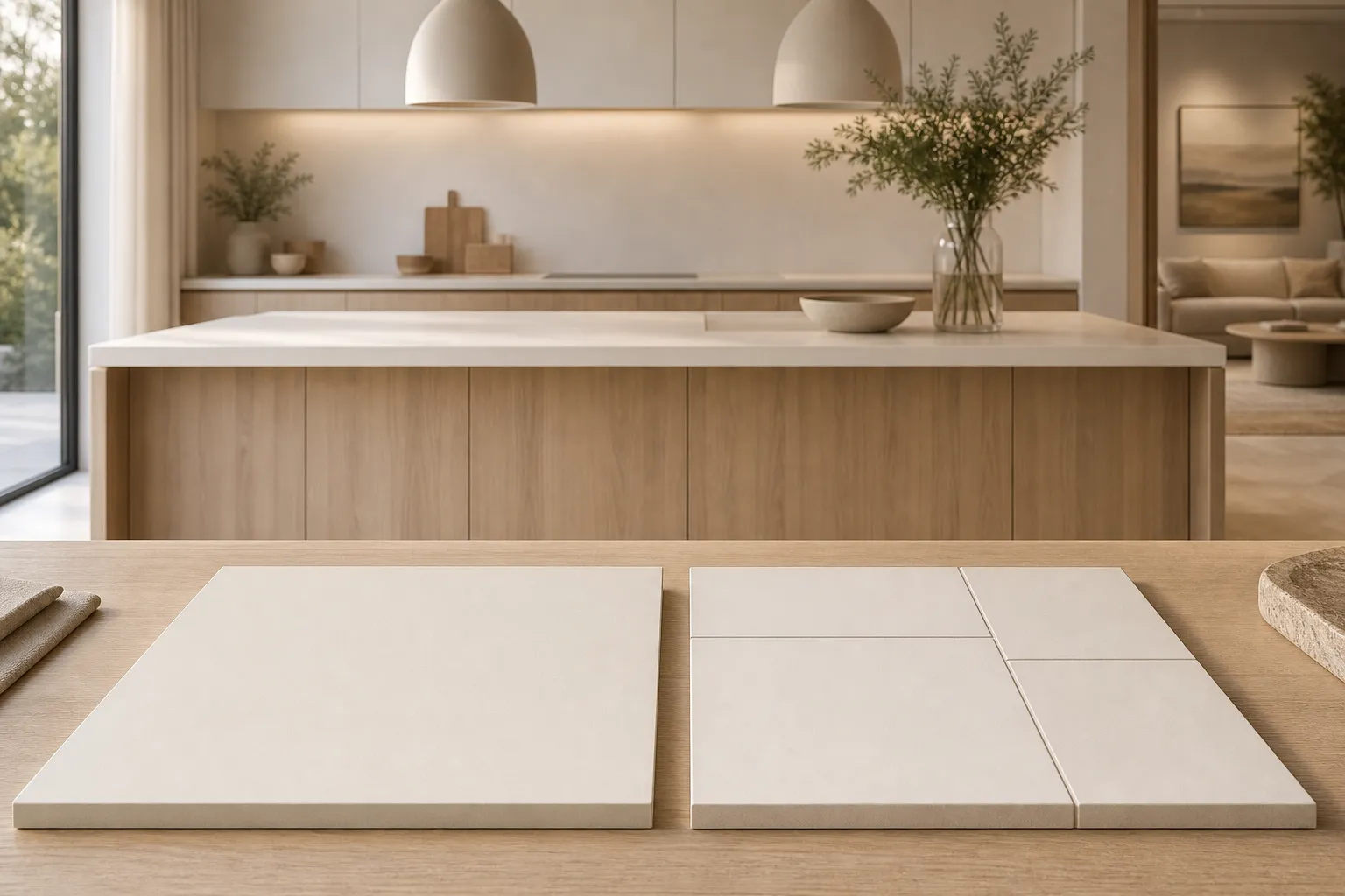 Kitchen decision comparison showing continuous ivory panels beside segmented samples on warm oak.