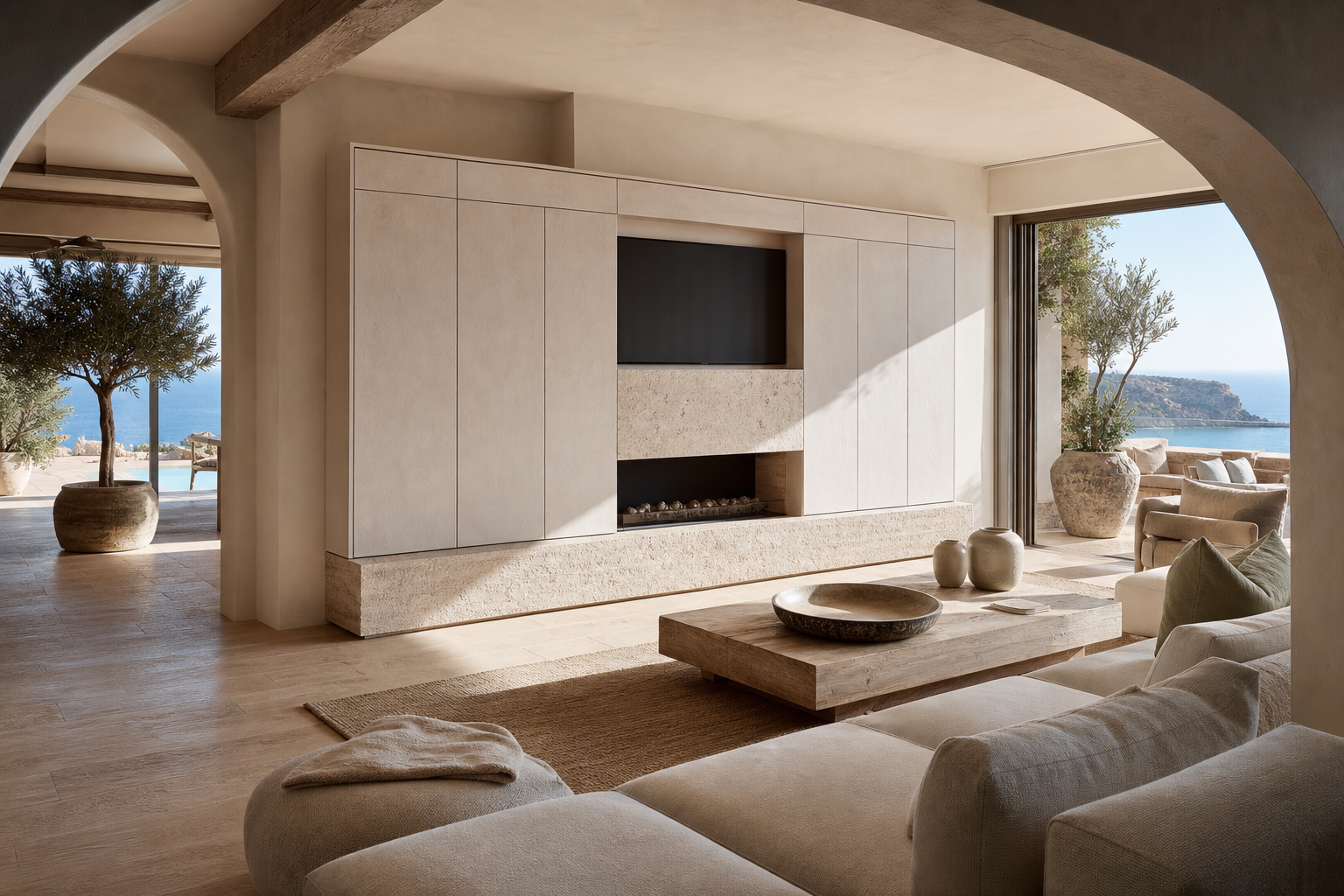 Fadior Galleria Living Room Suite with Milan Forecast Media Wall - stainless steel living room cabinetry with media storage, display shelving, concealed devices, and residential finishes