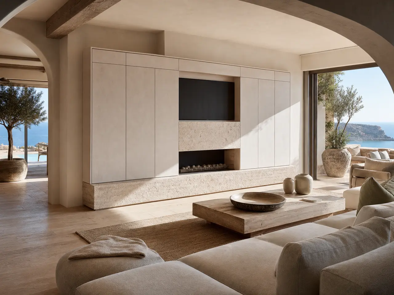 Fadior Galleria Living Room Suite with Milan Forecast Media Wall - stainless steel living room cabinetry with media storage, display shelving, concealed devices, and residential finishes
