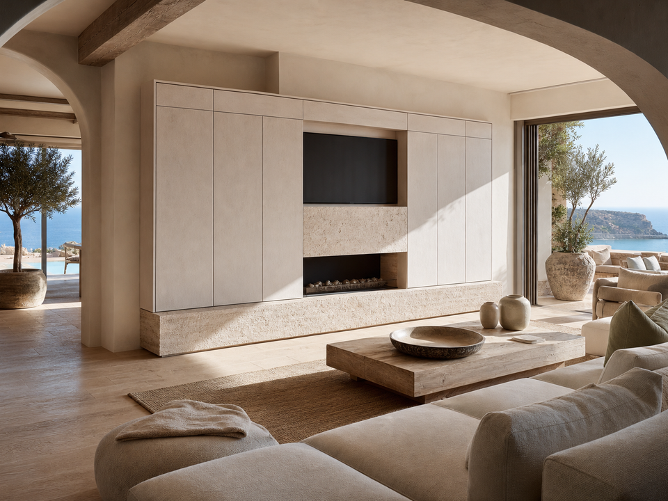Fadior Galleria Living Room Suite with Milan Forecast Media Wall — 304 stainless steel living room system, front view