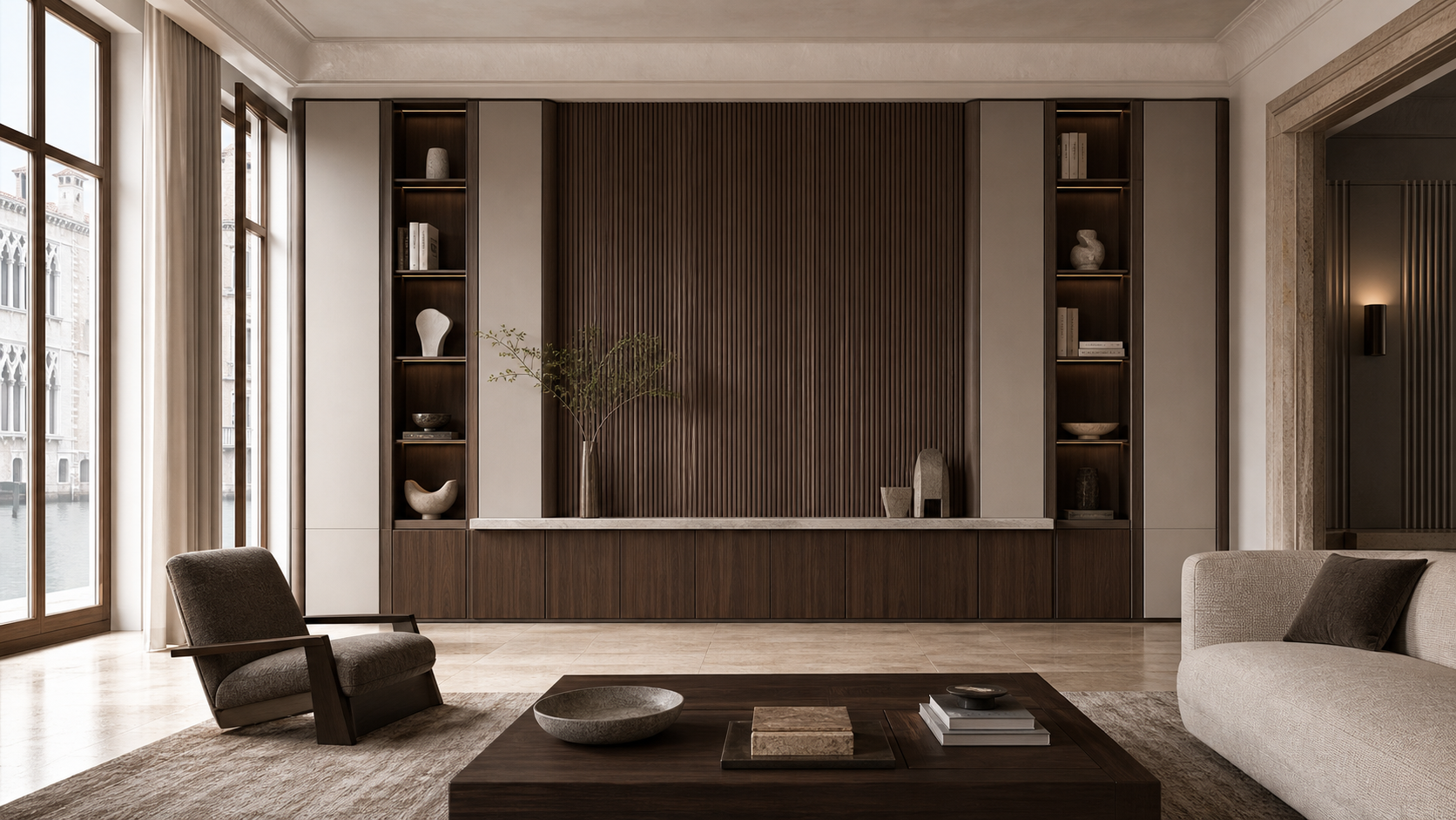 Fadior Veneto Living Room Suite with Reeded Library Projection Wall — lifestyle setting with natural light and residential