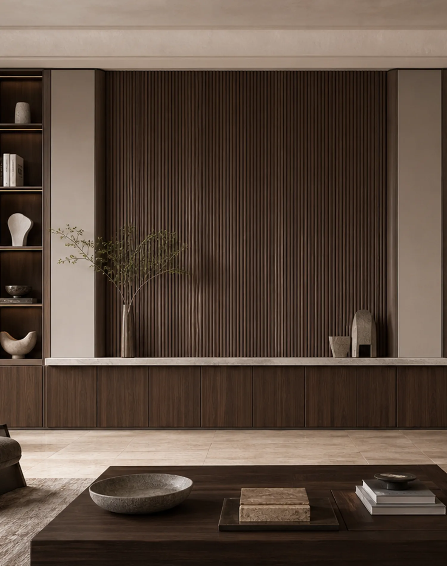 Fadior Veneto Living Room Suite with Reeded Library Projection Wall — lifestyle setting with natural light and residential