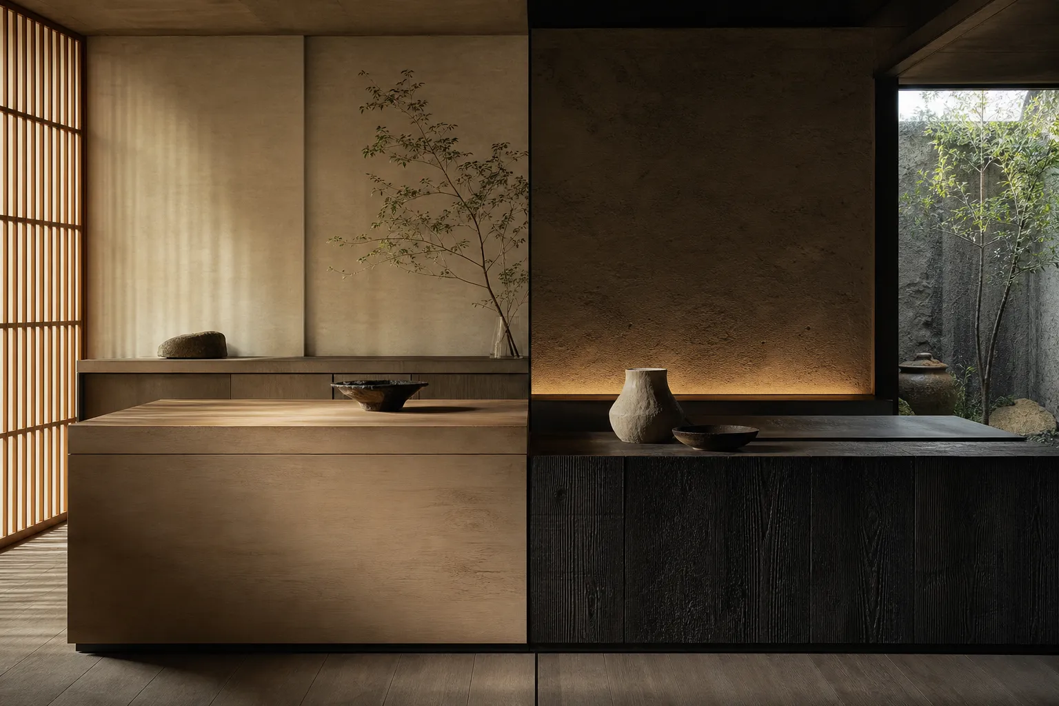 Kitchen decision comparison with quiet shadow grids and natural cypress surfaces for material honesty.