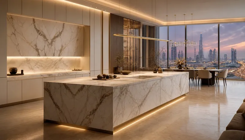 Luxury kitchen atmosphere with pure ivory cabinetry, marble island, and panoramic skyline for faucet planning. — 304 stainless steel cabinetry editorial by Fadior