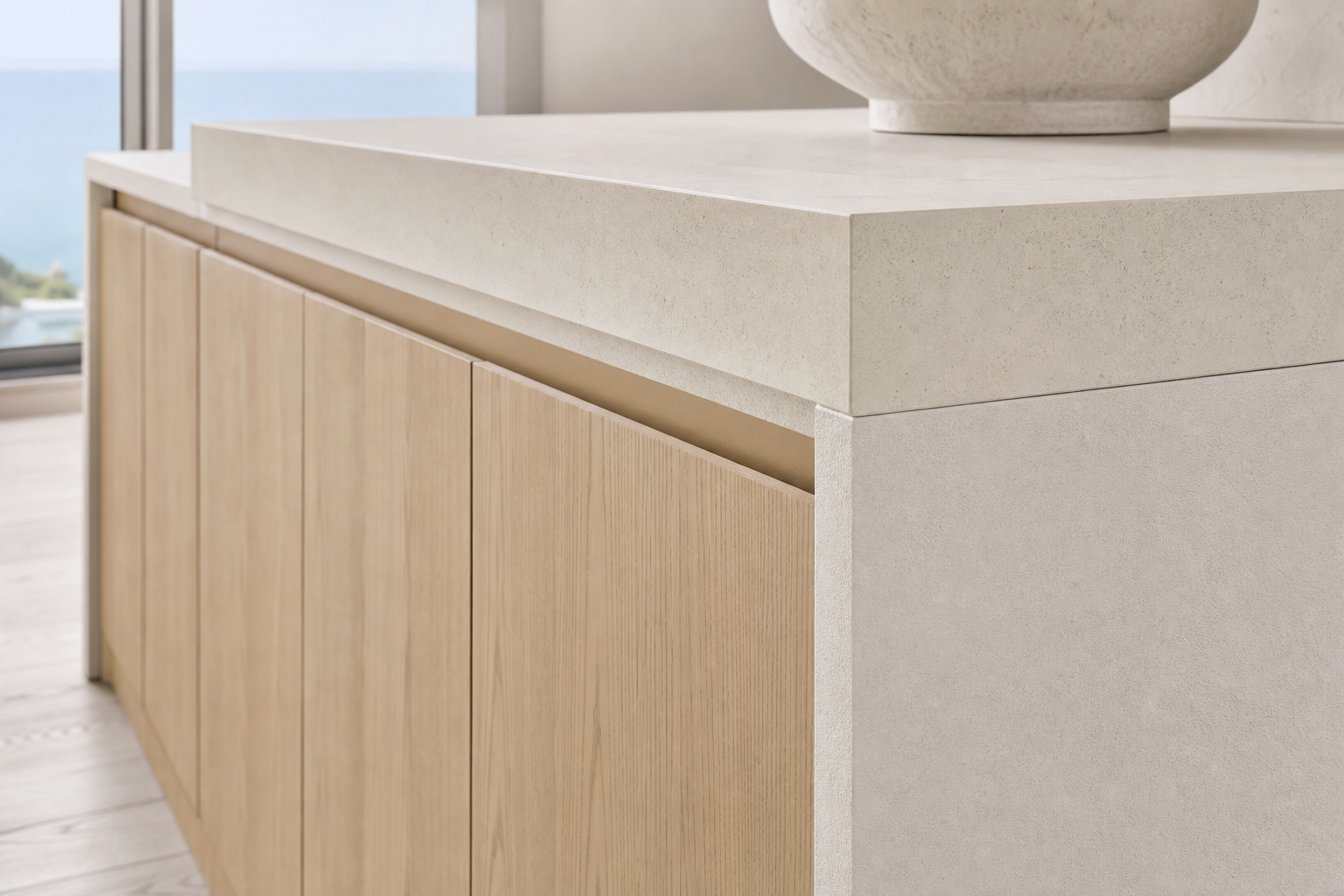Fadior Cru Wine Cabinet Suite with Quartz Tasting Parapet — close-up of stainless steel finish and hardware detail