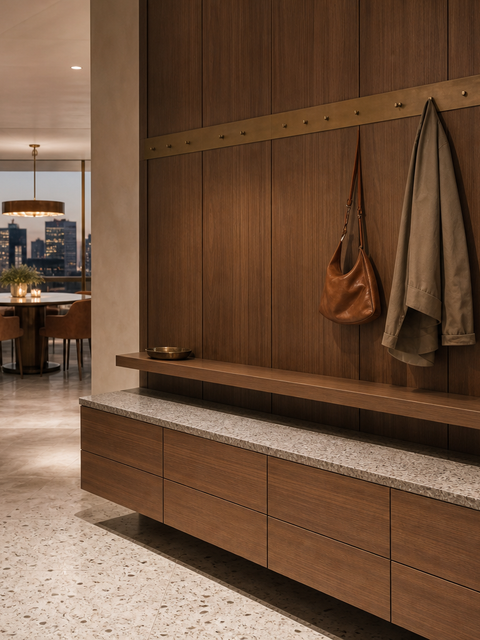 Fadior Loggia Entryway Suite with Floating Shoe Library Rail — 304 stainless steel entryway system, front view