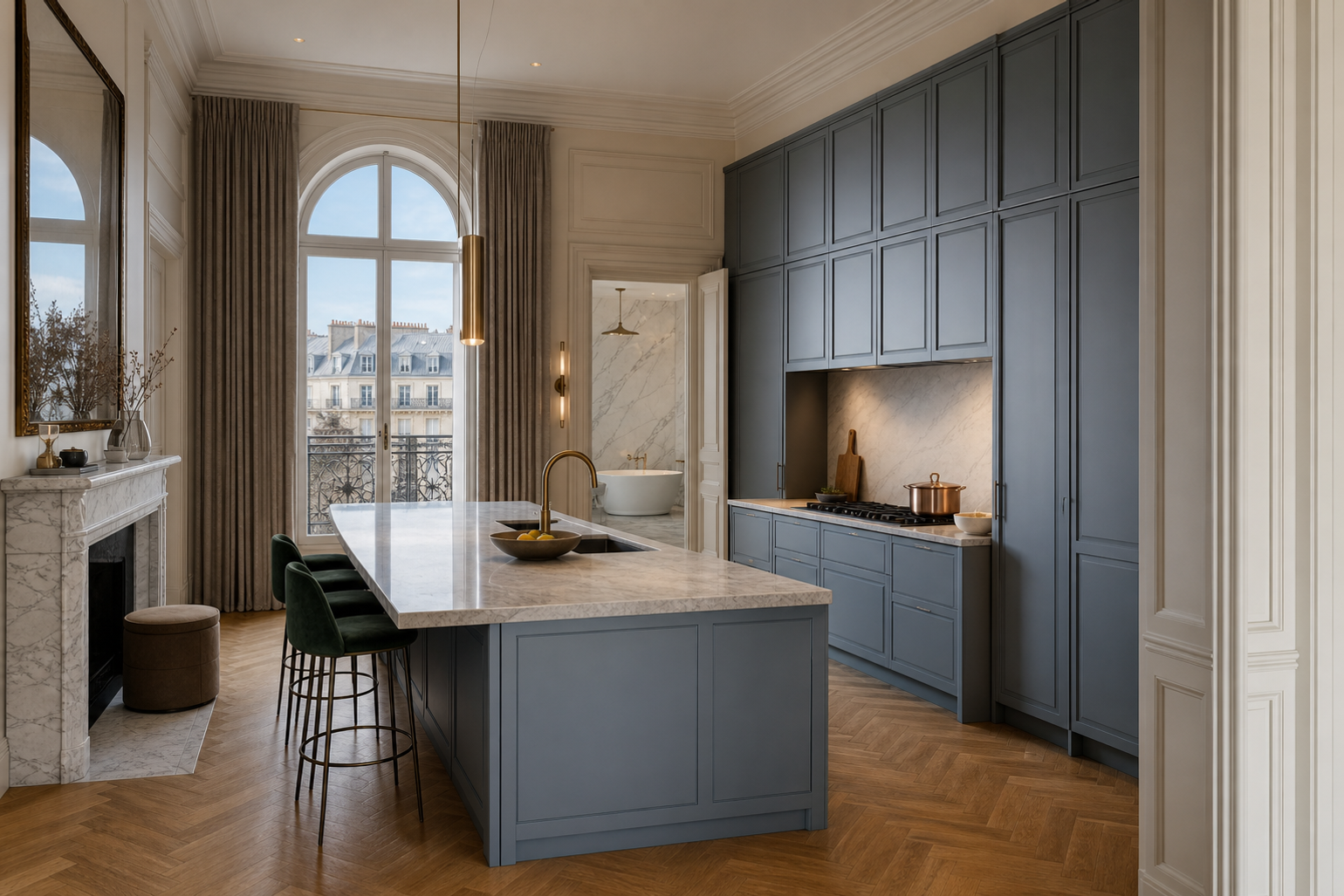 Fadior Geneva 650 sqm Kitchen Bath Villa — blue cabinet wall, marble island, arched window, parquet floor, bath doorway — 304 stainless stee