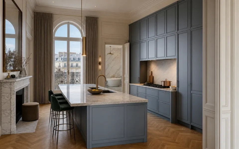 Fadior Geneva 650 sqm Kitchen Bath Villa — blue cabinet wall, marble island, arched window, parquet floor, bath doorway — 304 stainless steel cabinetry installation by Fadior