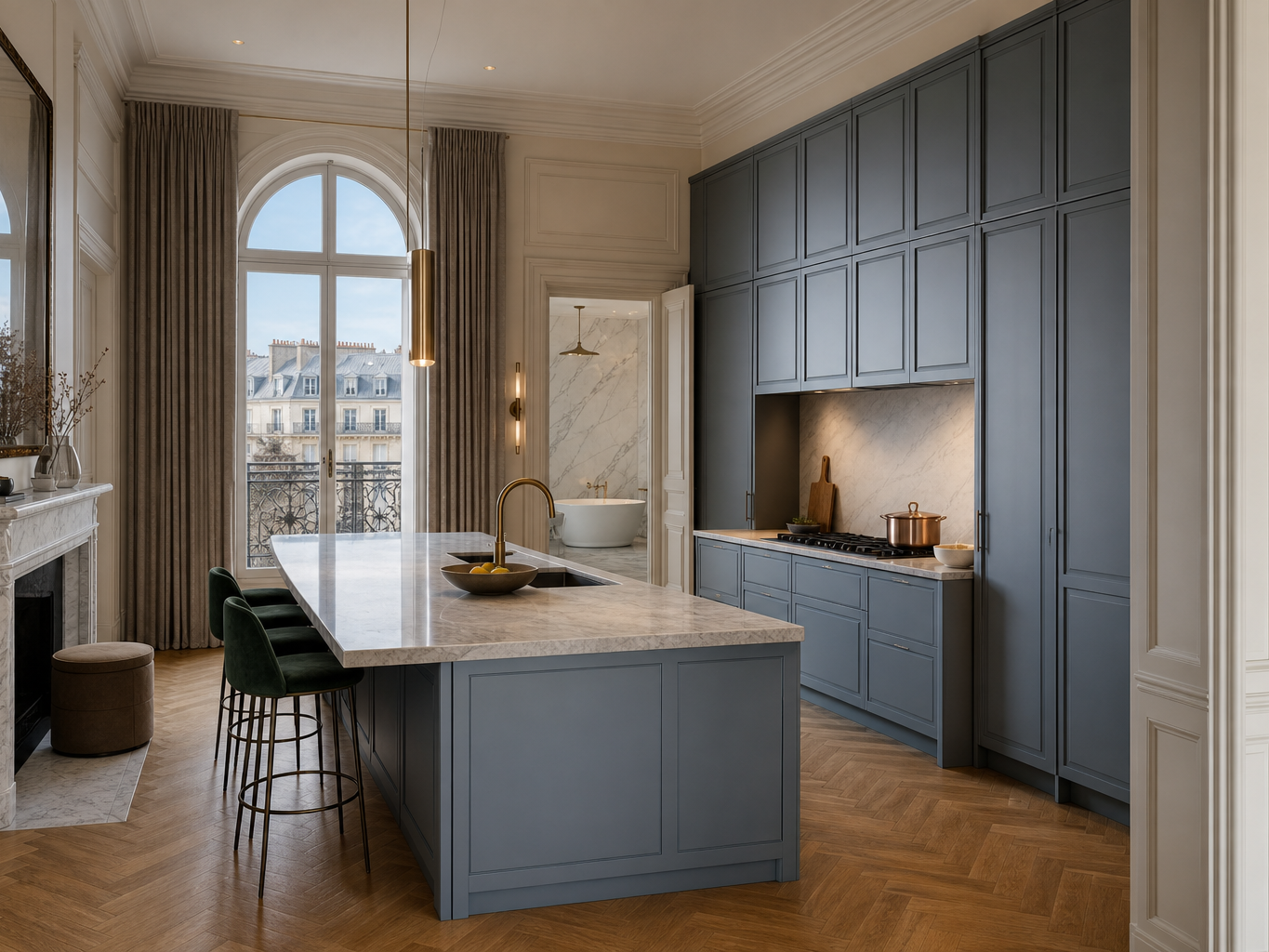 Fadior Geneva 650 sqm Kitchen Bath Villa — blue cabinet wall, marble island, arched window, parquet floor, bath doorway