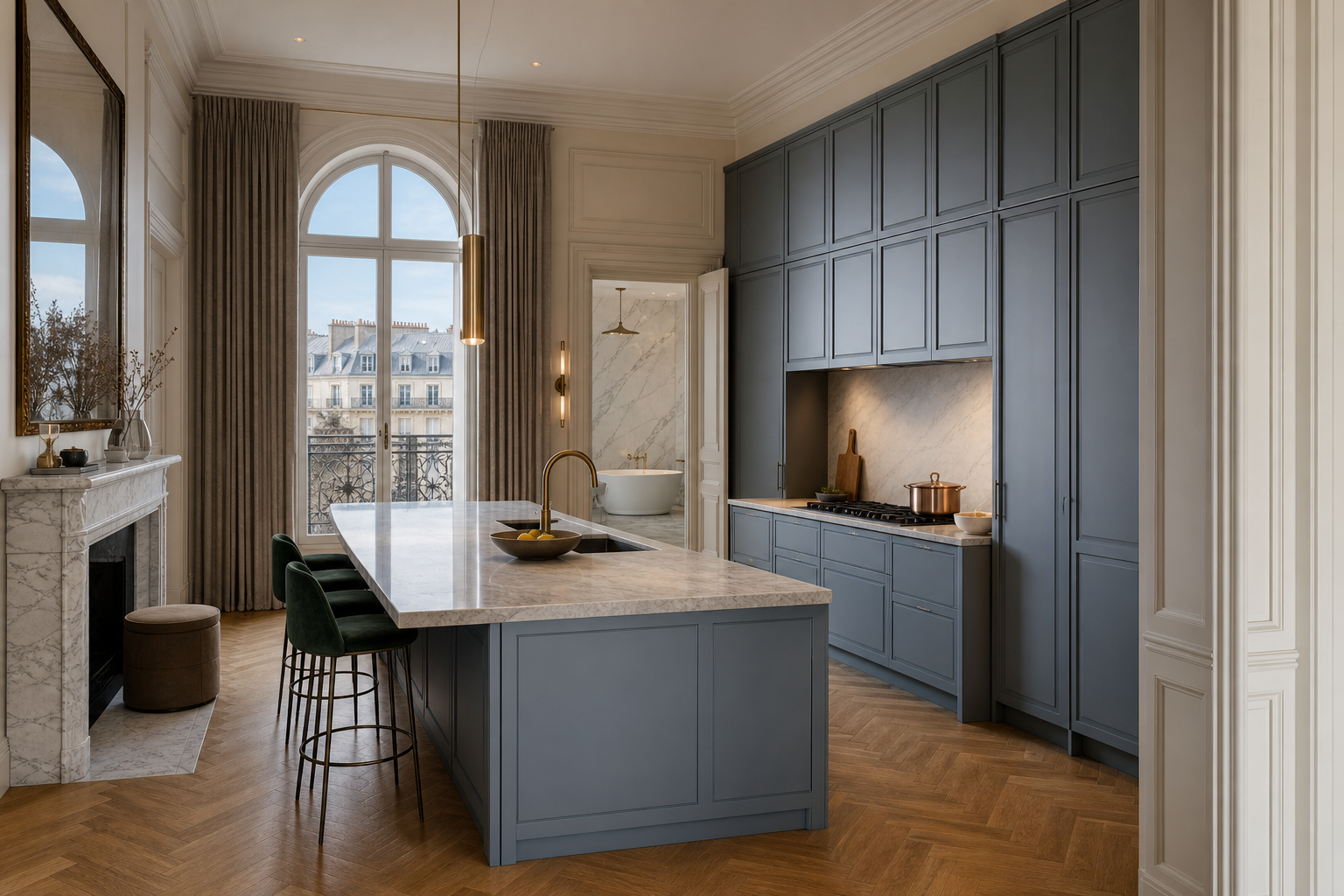Fadior Geneva 650 sqm Kitchen Bath Villa — blue cabinet wall, marble island, arched window, parquet floor, bath doorway — 304 stainless stee