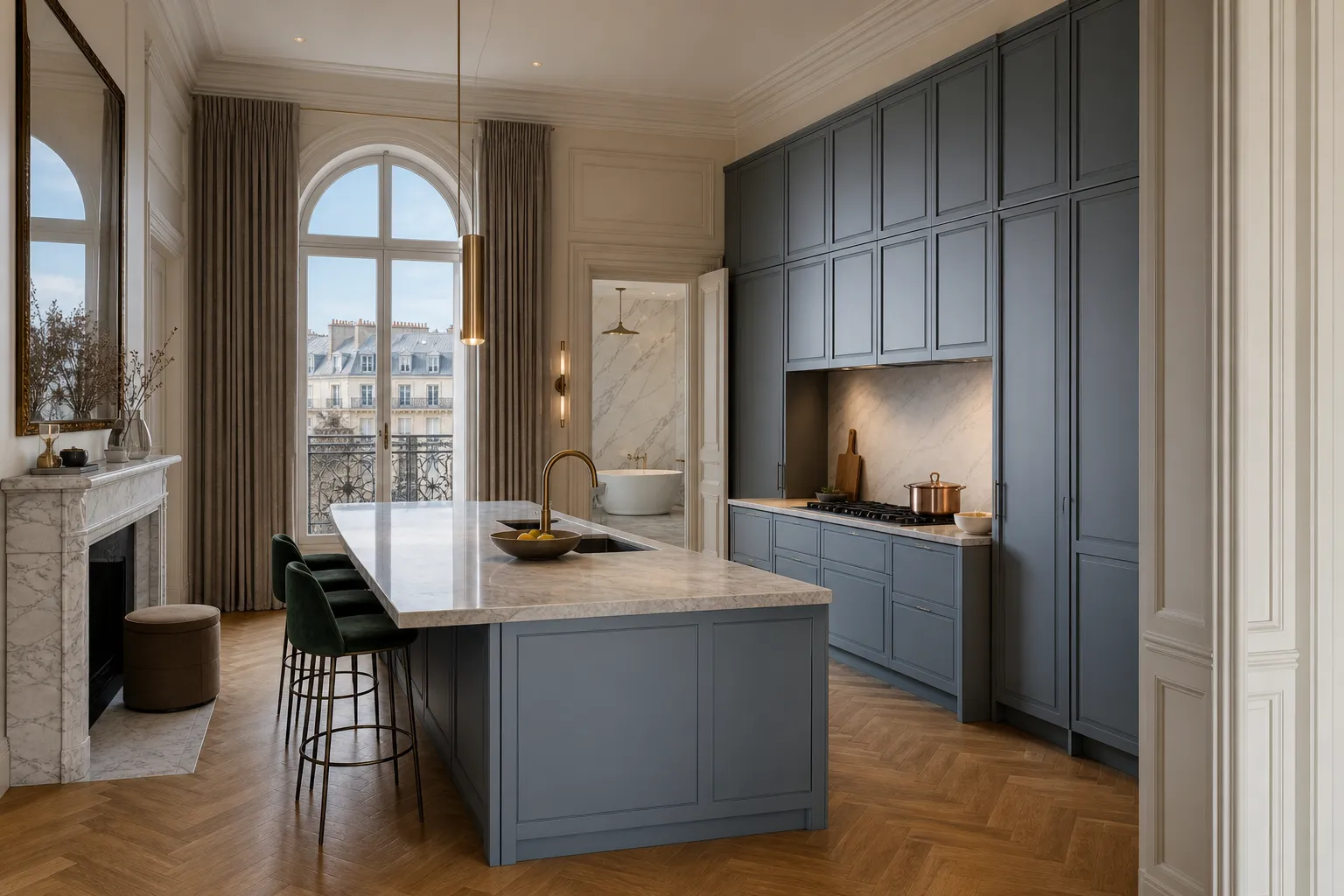 Fadior Geneva 650 sqm Kitchen Bath Villa — blue cabinet wall, marble island, arched window, parquet floor, bath doorway — 304 stainless stee