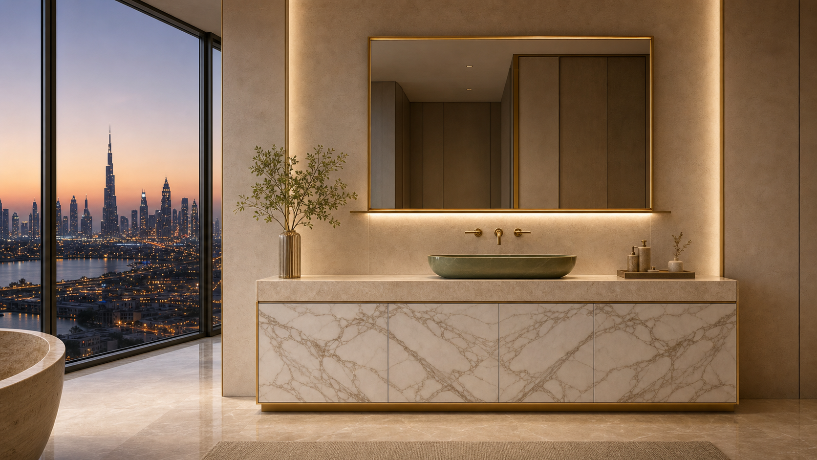 Fadior Voyage Bath and Vanity Suite with Jade Vessel Light Shelf — lifestyle setting with natural light and residential
