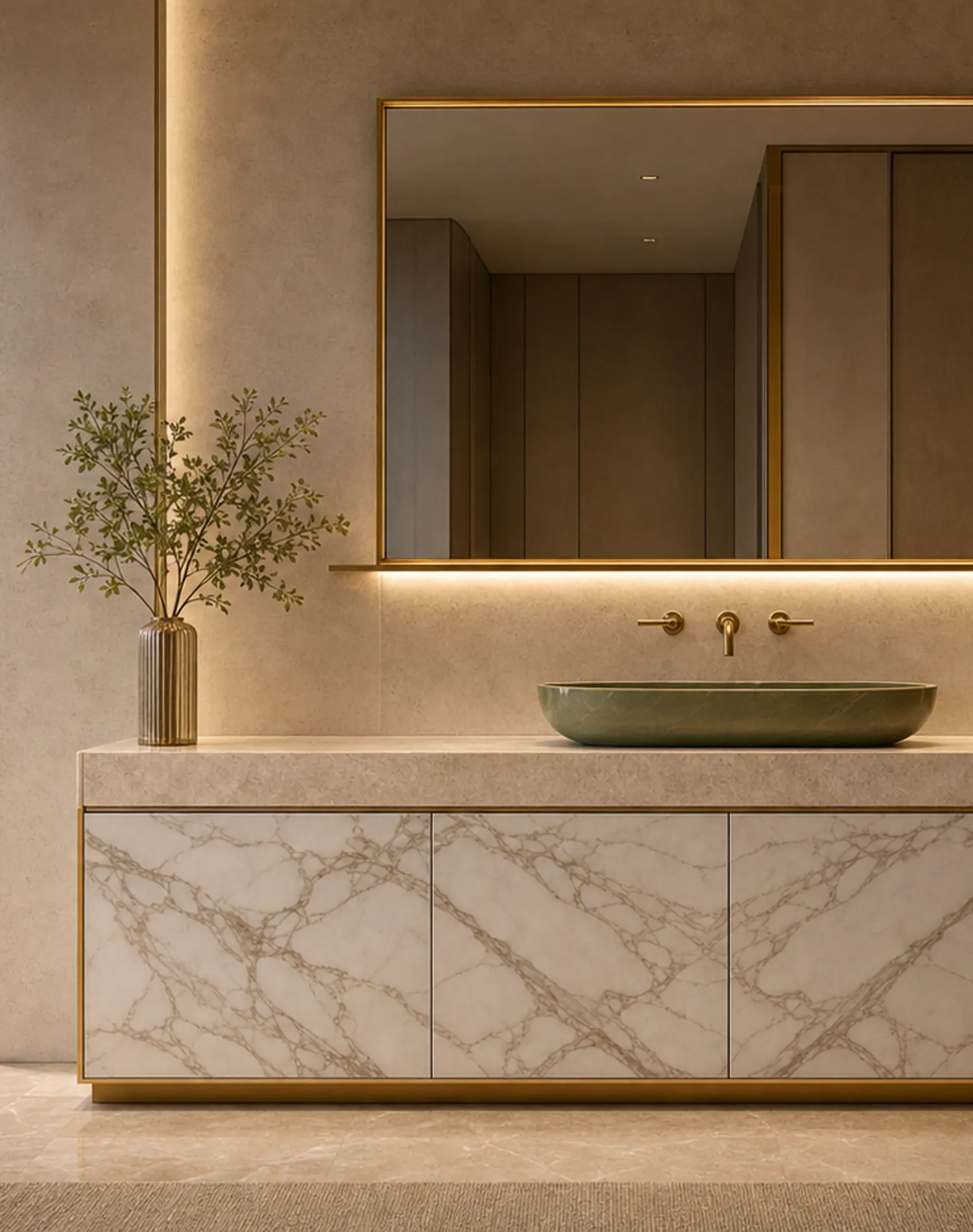 Fadior Voyage Bath and Vanity Suite with Jade Vessel Light Shelf — lifestyle setting with natural light and residential
