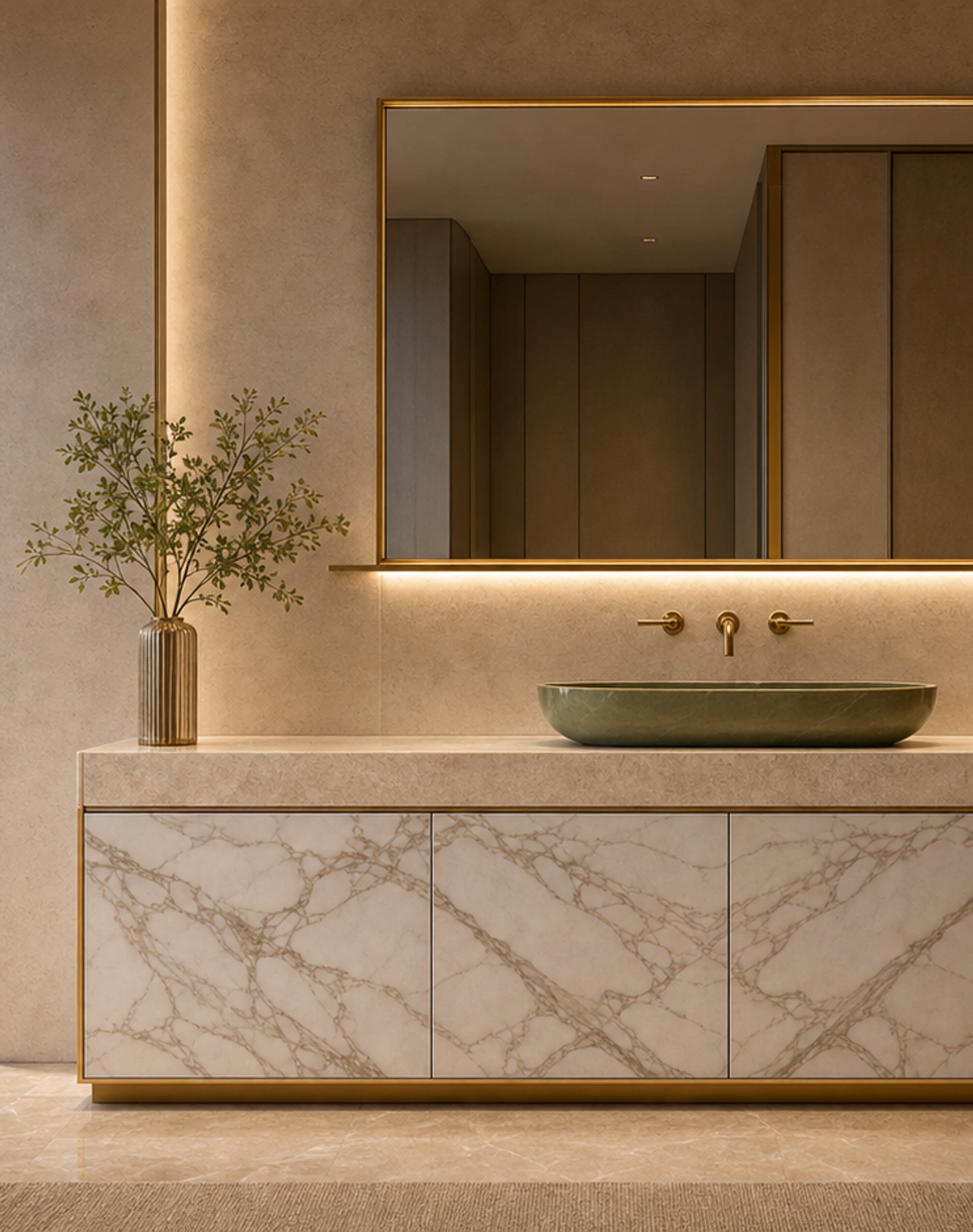 Fadior Voyage Bath and Vanity Suite with Jade Vessel Light Shelf — lifestyle setting with natural light and residential
