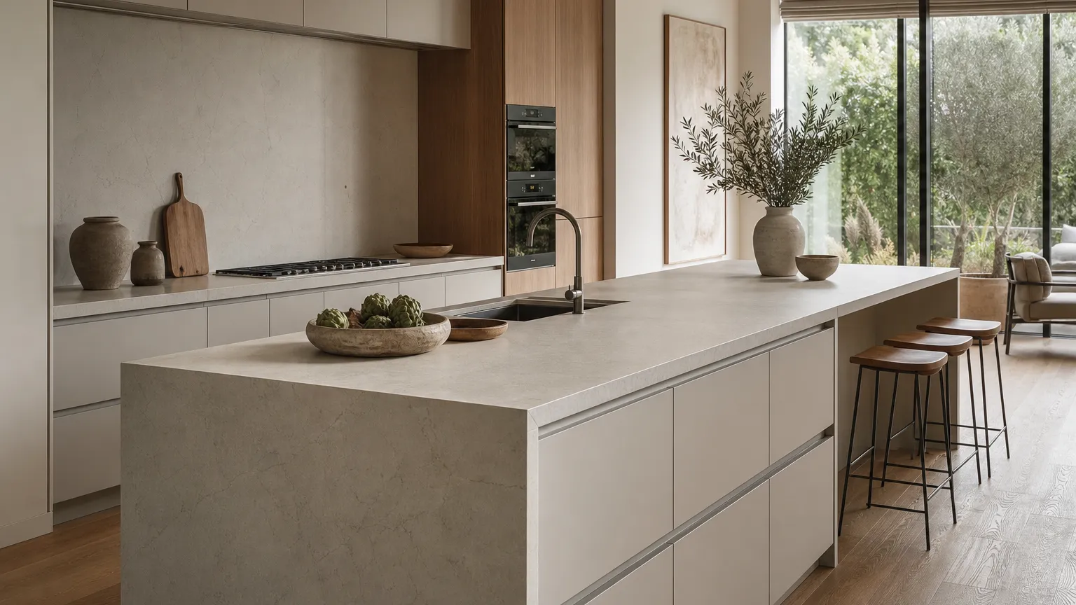 Sintered stone countertop island in a quiet kitchen with soft morning light.