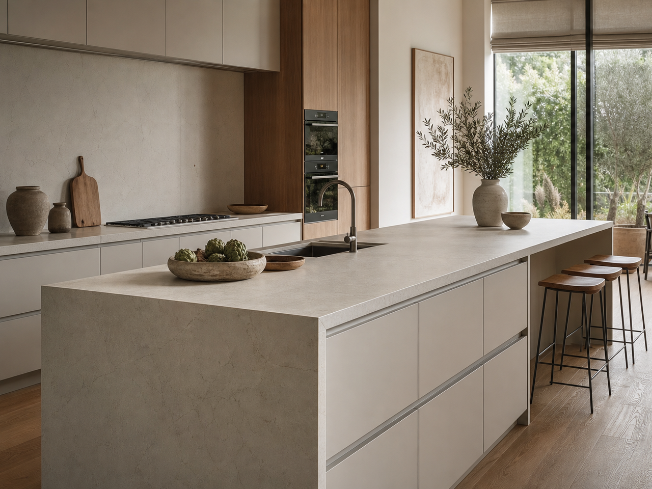 Sintered stone countertop island in a quiet kitchen with soft morning light. — 304 stainless steel cabinetry editorial by Fadior