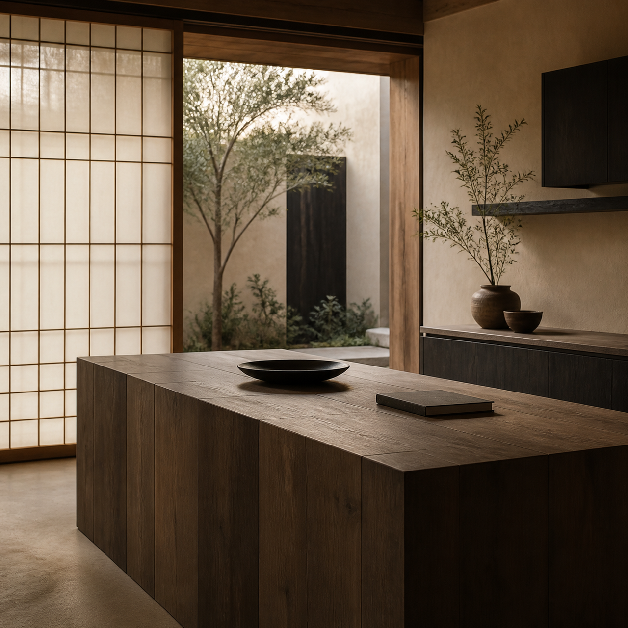 Material study: cypress, clay and rice-paper kitchen finishes create an editorial mood for a EuroCucina decision review.
