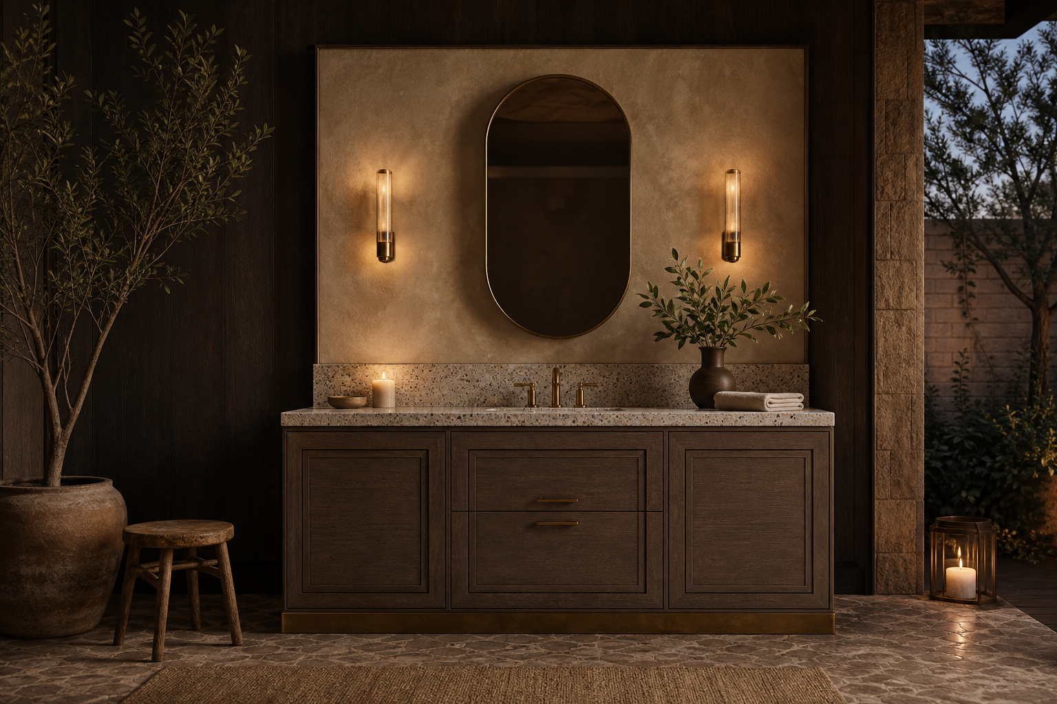 Fadior Nacre Bath and Vanity Suite with Aged Brass Mirror Bay — lifestyle setting with natural light and residential styling