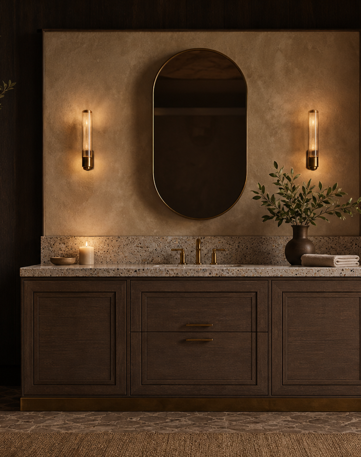 Fadior Nacre Bath and Vanity Suite with Aged Brass Mirror Bay — lifestyle setting with natural light and residential styling