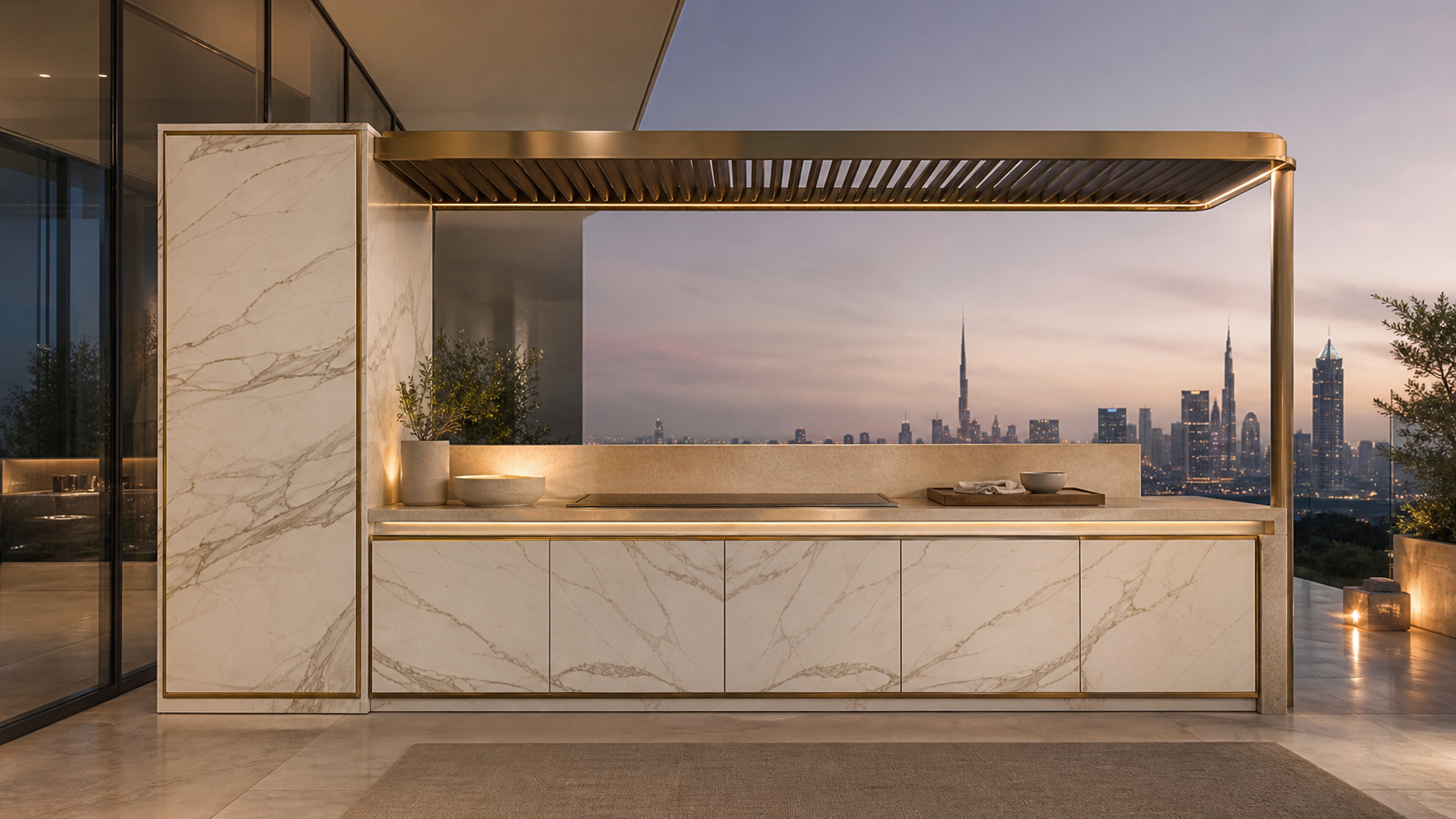 Fadior Horizon Outdoor Kitchen Suite with Brise Soleil Plancha Ledge — lifestyle setting with natural light and residential
