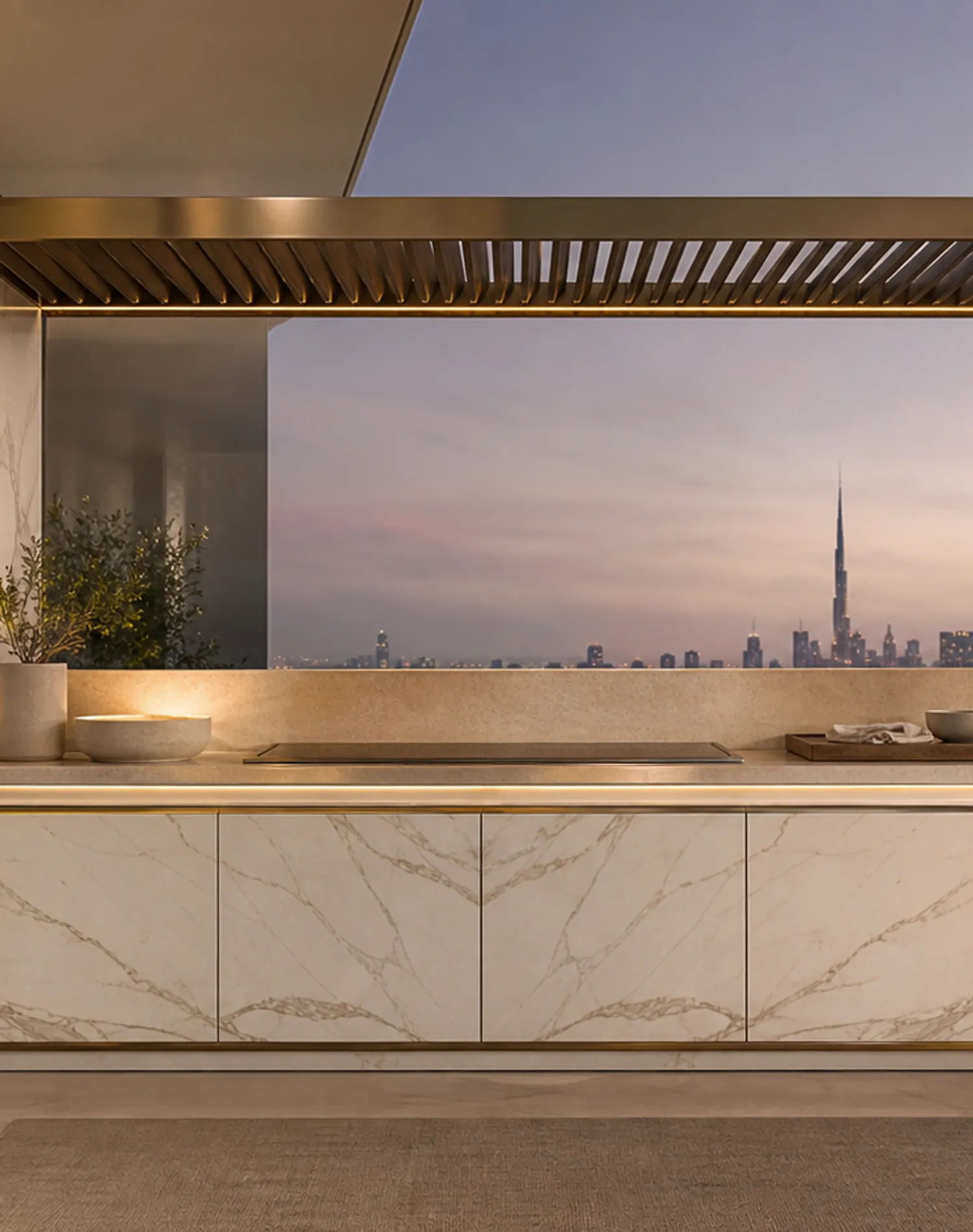 Fadior Horizon Outdoor Kitchen Suite with Brise Soleil Plancha Ledge — lifestyle setting with natural light and residential