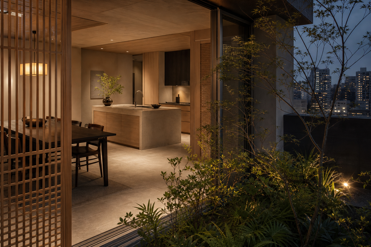 Fadior Tokyo 180 sqm Kitchen Penthouse — balcony planting, glass doors, kitchen island, dining table, city skyline