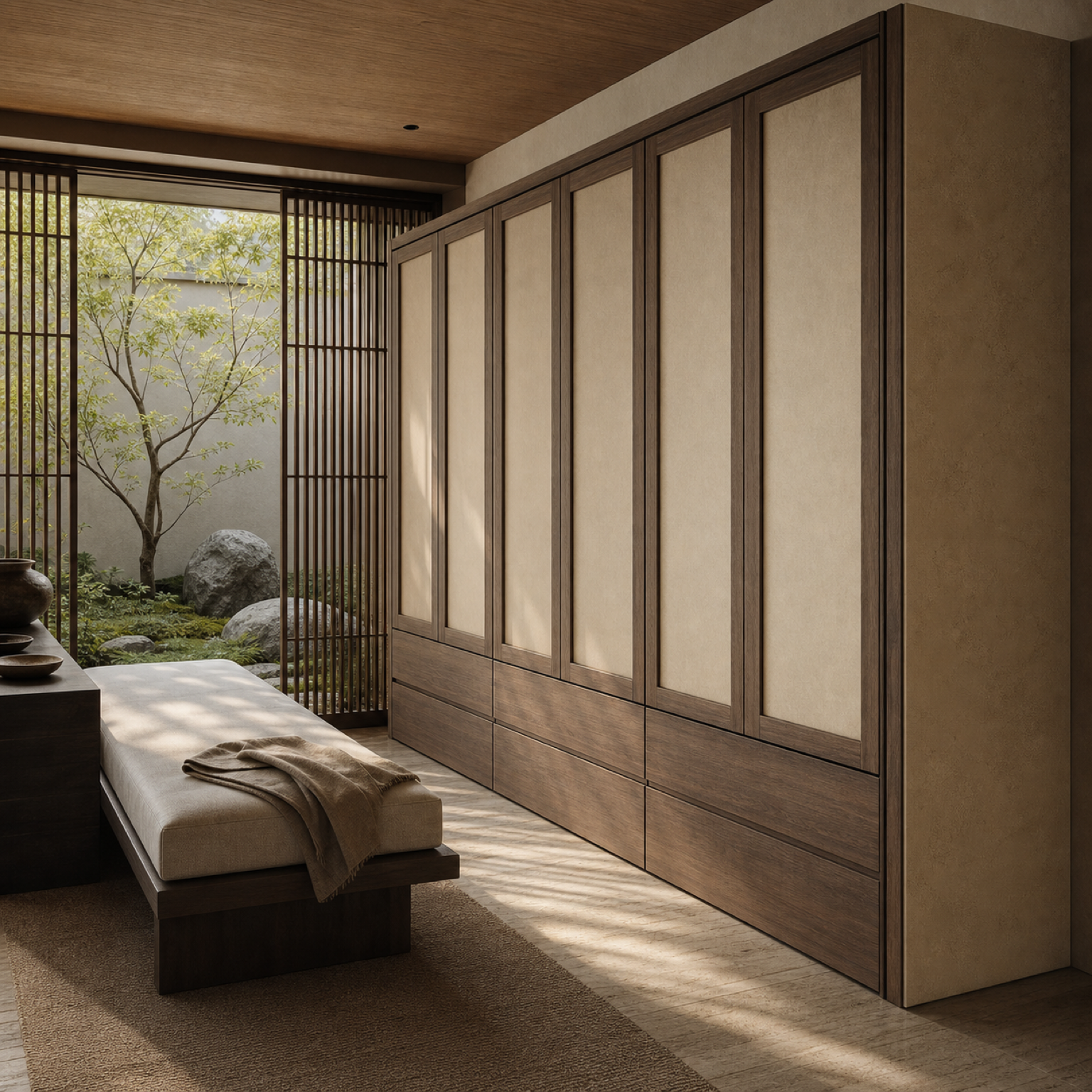 Fadior Canopy Wardrobe Suite with Raw Cypress Dressing Alcove — lifestyle setting with natural light and residential styling