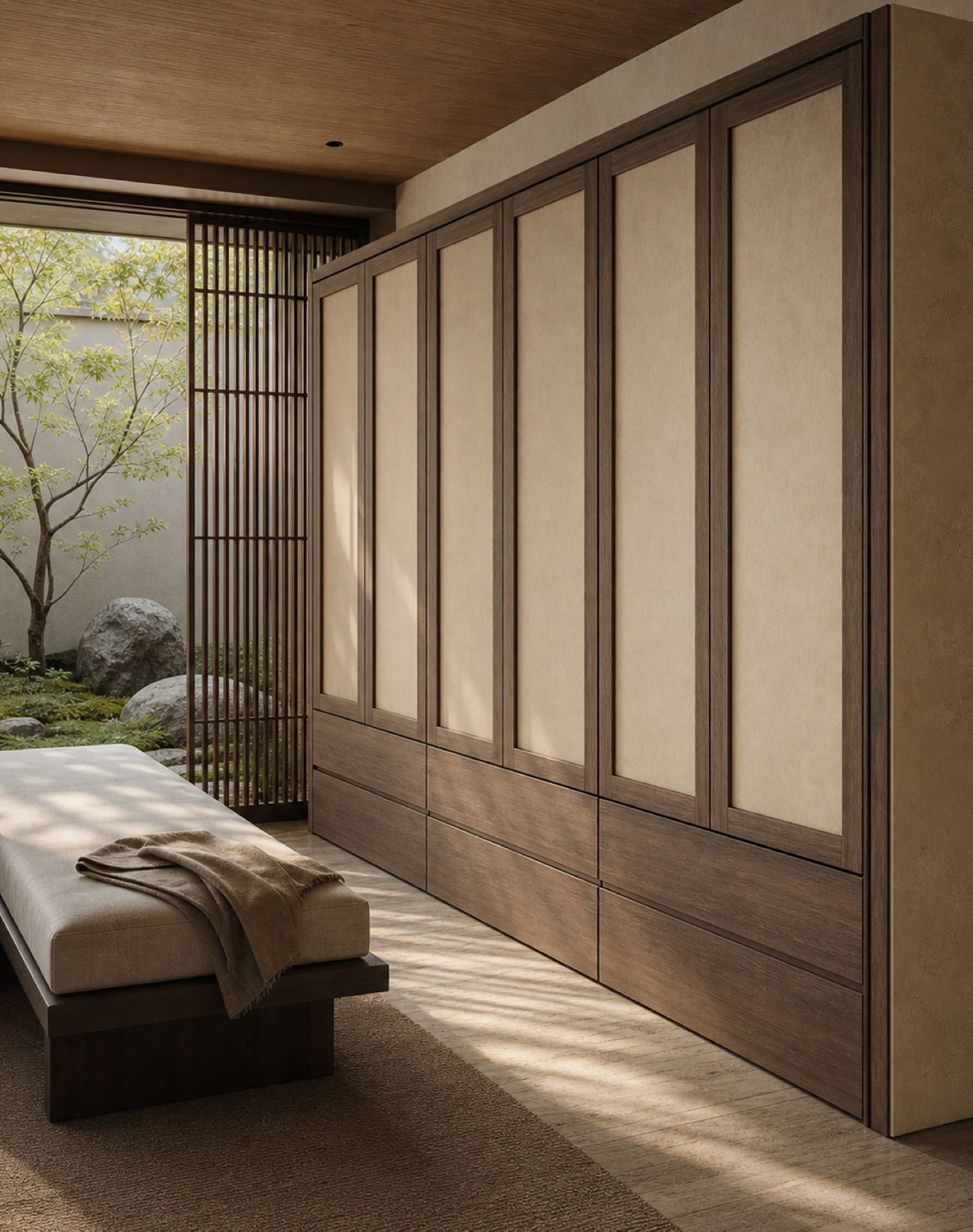 Fadior Canopy Wardrobe Suite with Raw Cypress Dressing Alcove — lifestyle setting with natural light and residential styling