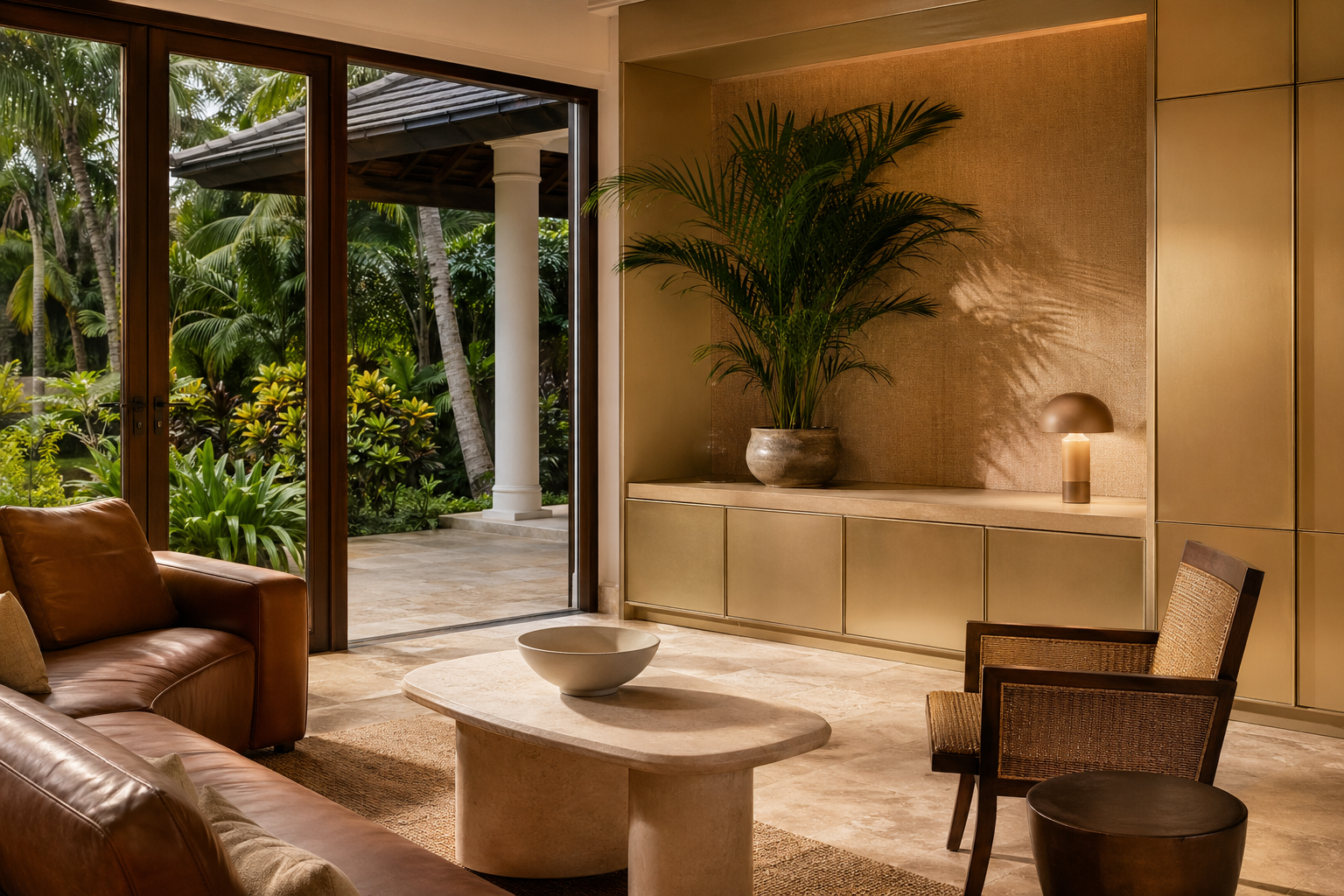 Fadior Singapore Private Club — lounge sofa, cabinet console, palm, veranda door