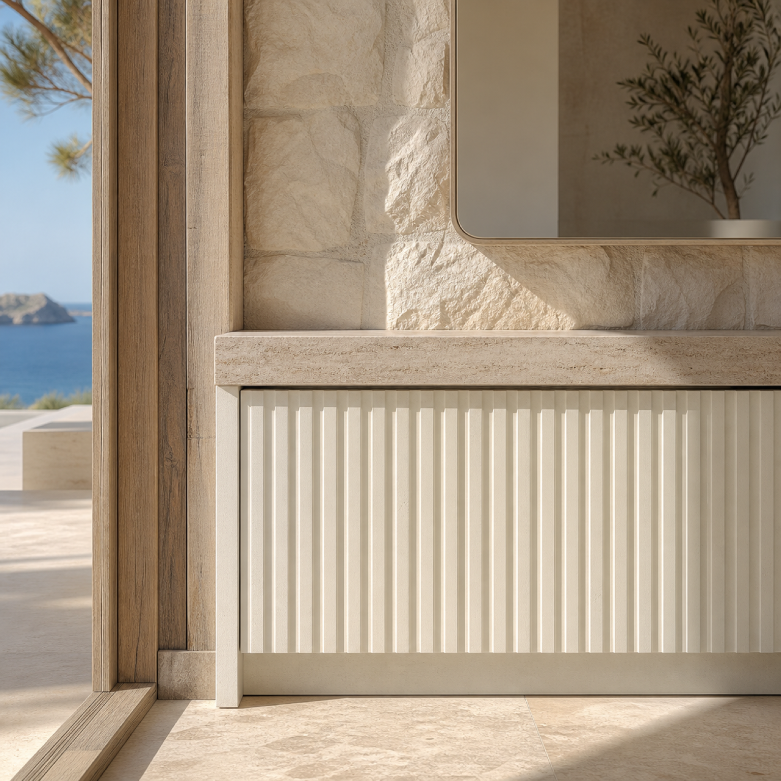 Fadior Loggia Entryway Suite with Reeded Parcel Valet — close-up of stainless steel finish and hardware detail