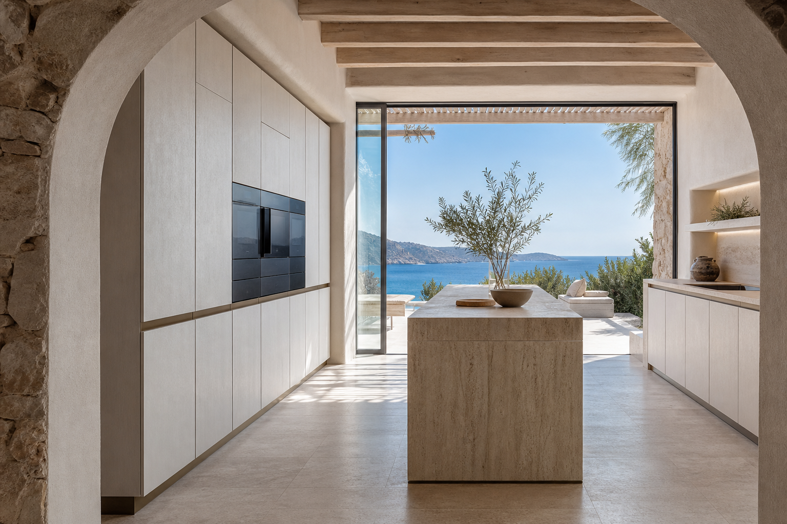 Fadior Meridian Kitchen Suite with Cafe Bronze Workwall Datum — interior room context showing cabinet integration