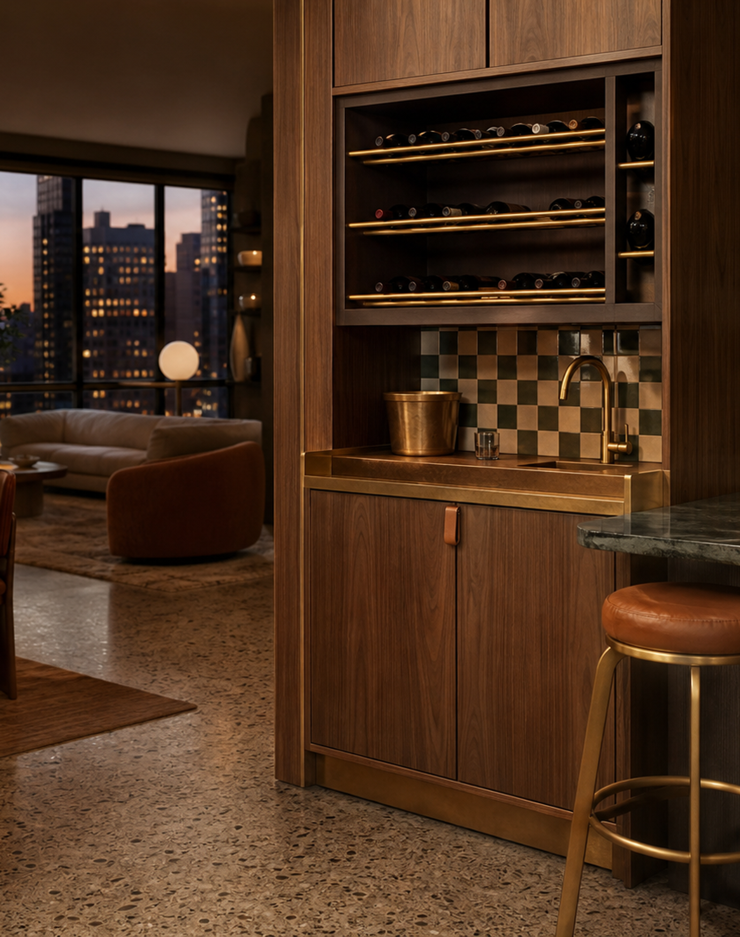 Fadior Gloria Wine Cabinet Suite with Prep Sink Bottle Niche — interior room context showing cabinet integration