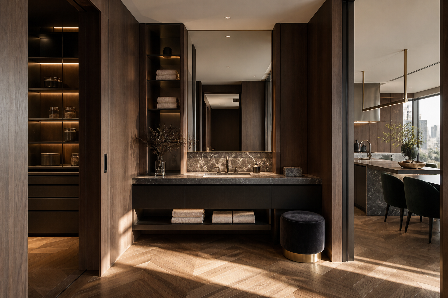 Fadior Milan 200 sqm Kitchen Penthouse — Milan pantry and powder vanity with cabinet base, marble counter, mirror, open shelves, towels, and kitchen doorway