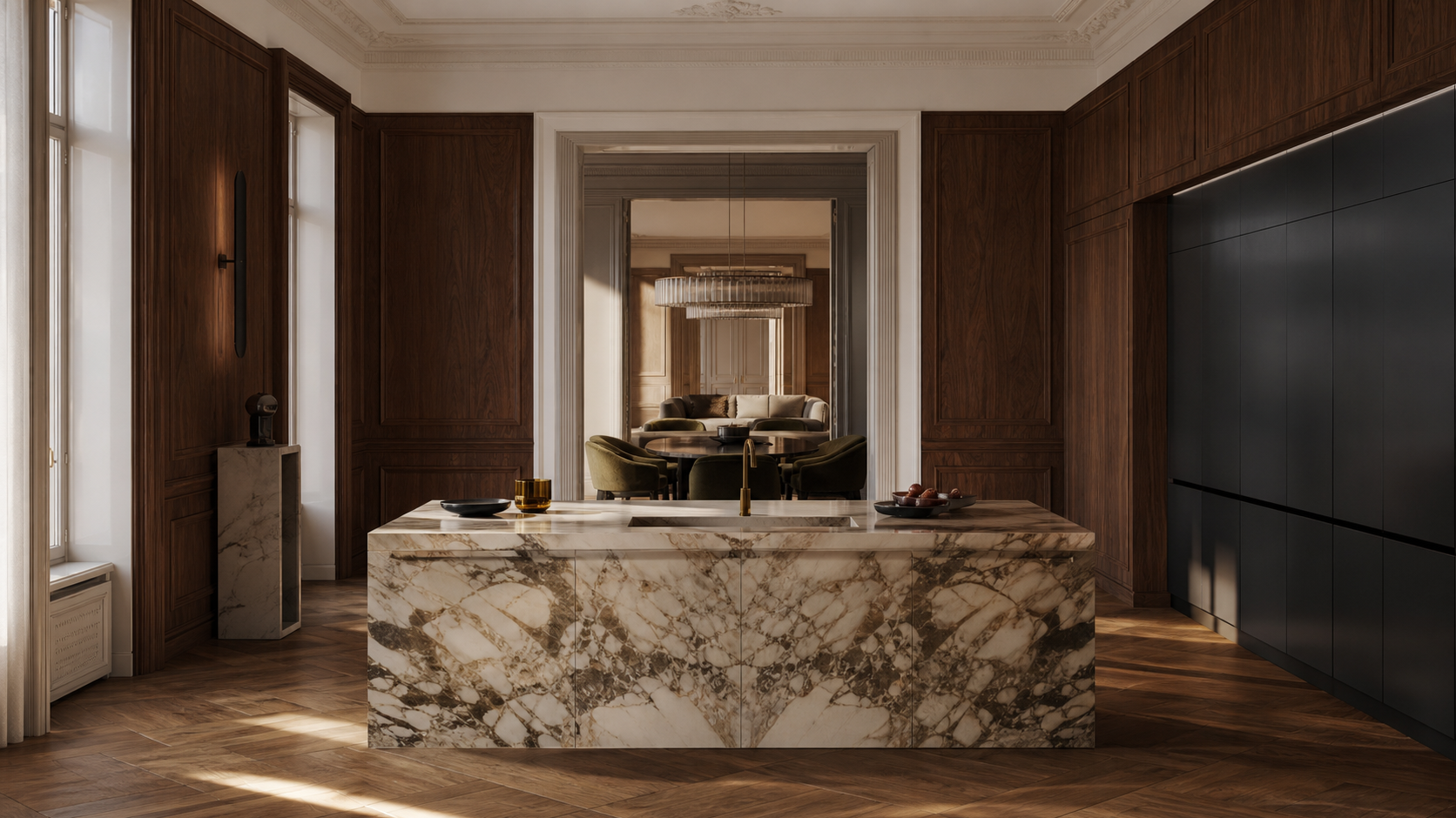 Fadior Meridian Kitchen Suite with Flush Hearth Appliance Run — lifestyle setting with natural light and residential styling