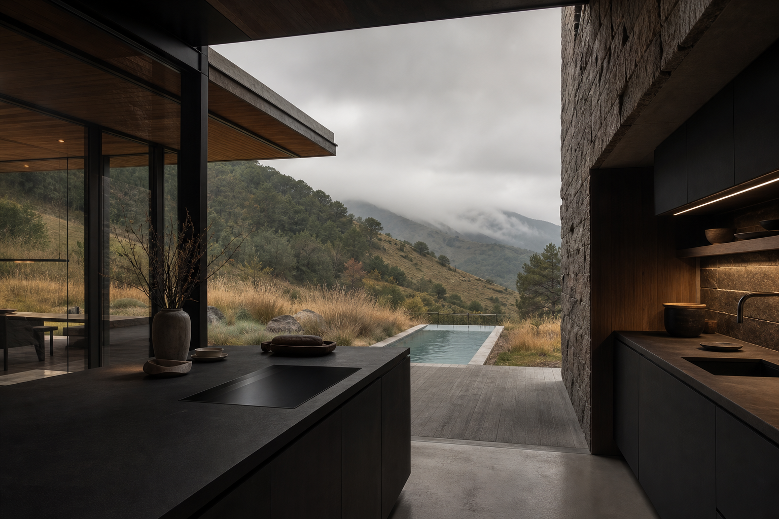 Kitchen lifestyle context with matte black cabinetry, weathered stone, pool view, and evening calm.