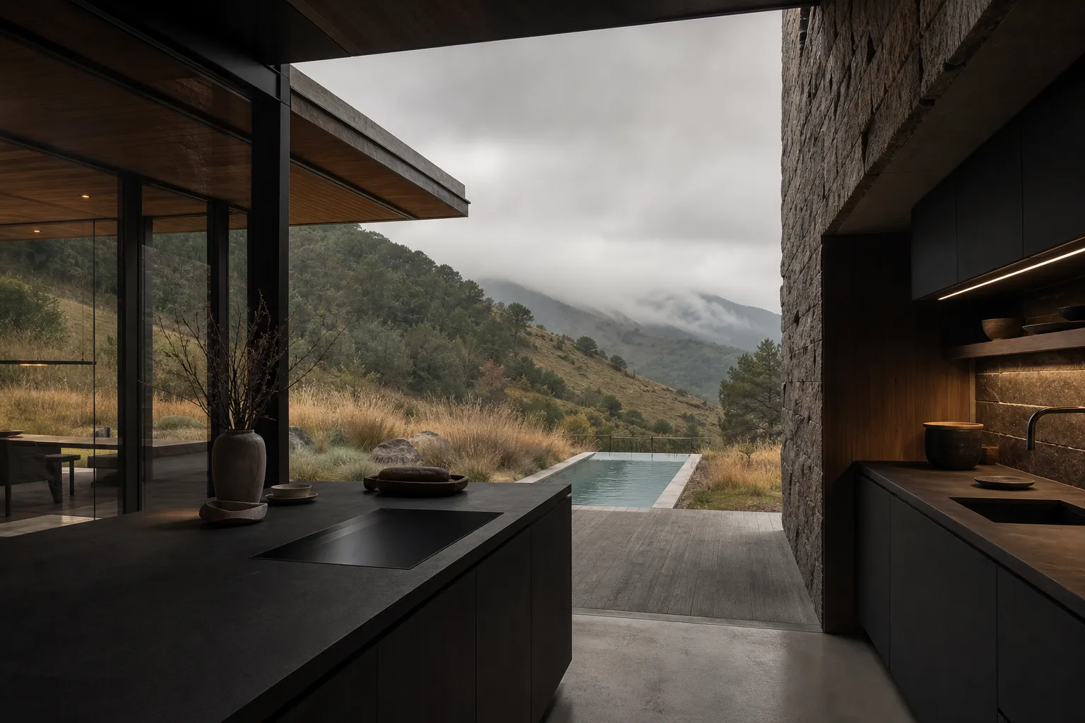 Kitchen lifestyle context with matte black cabinetry, weathered stone, pool view, and evening calm.