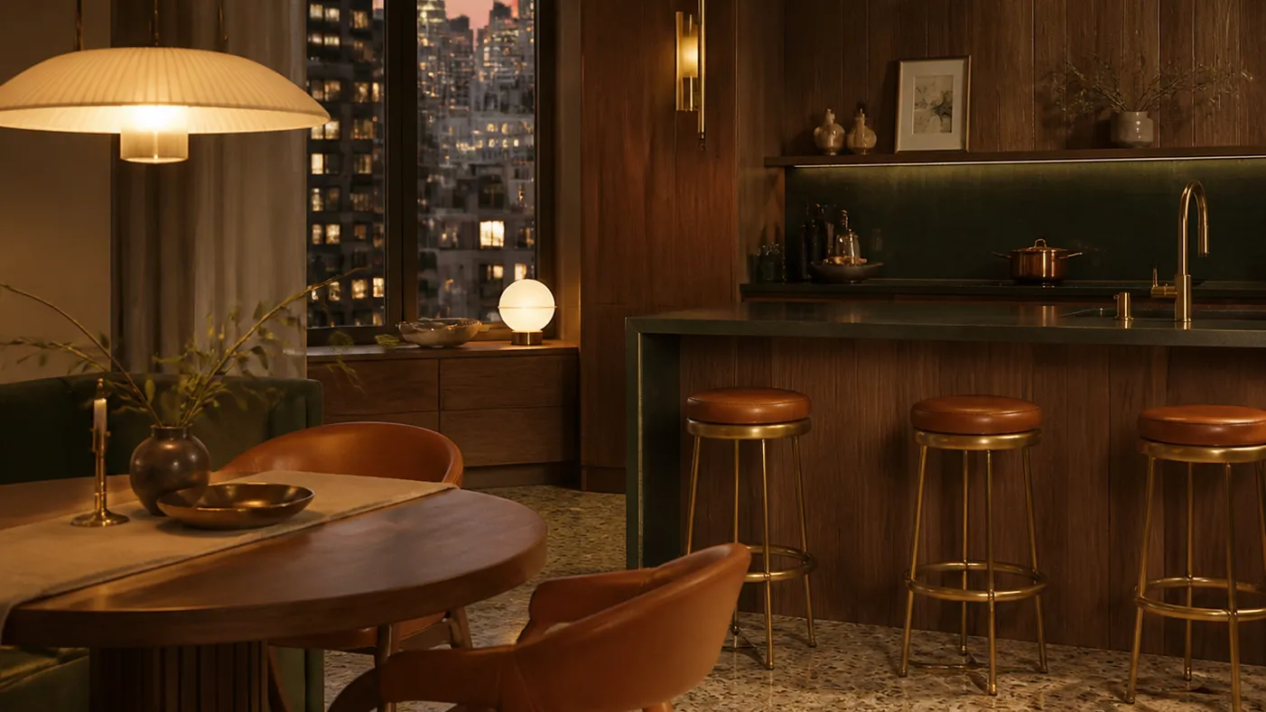 Warm mid-century apartment kitchen with walnut cabinetry, cognac seating, terrazzo flooring and layered city-window light.