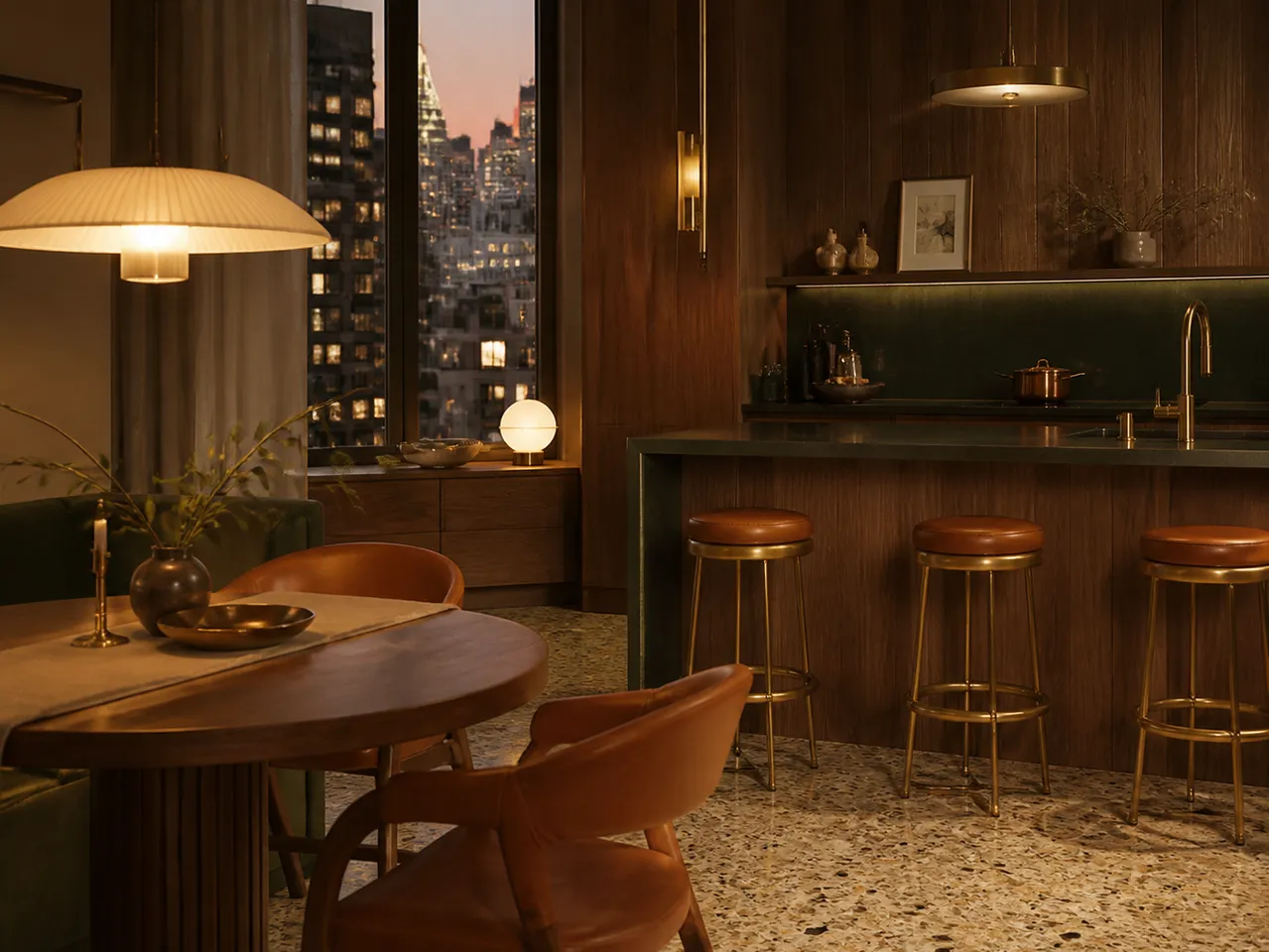 Warm mid-century apartment kitchen with walnut cabinetry, cognac seating, terrazzo flooring and layered city-window light. — 304 stainless steel cabinetry editorial by Fadior