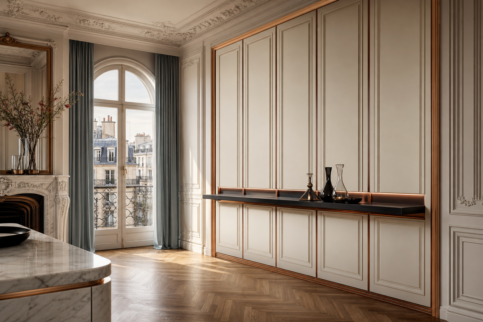 Fadior Grotto Wine Cabinet Suite with Obsidian Decanter Ribbon — interior room context showing cabinet integration