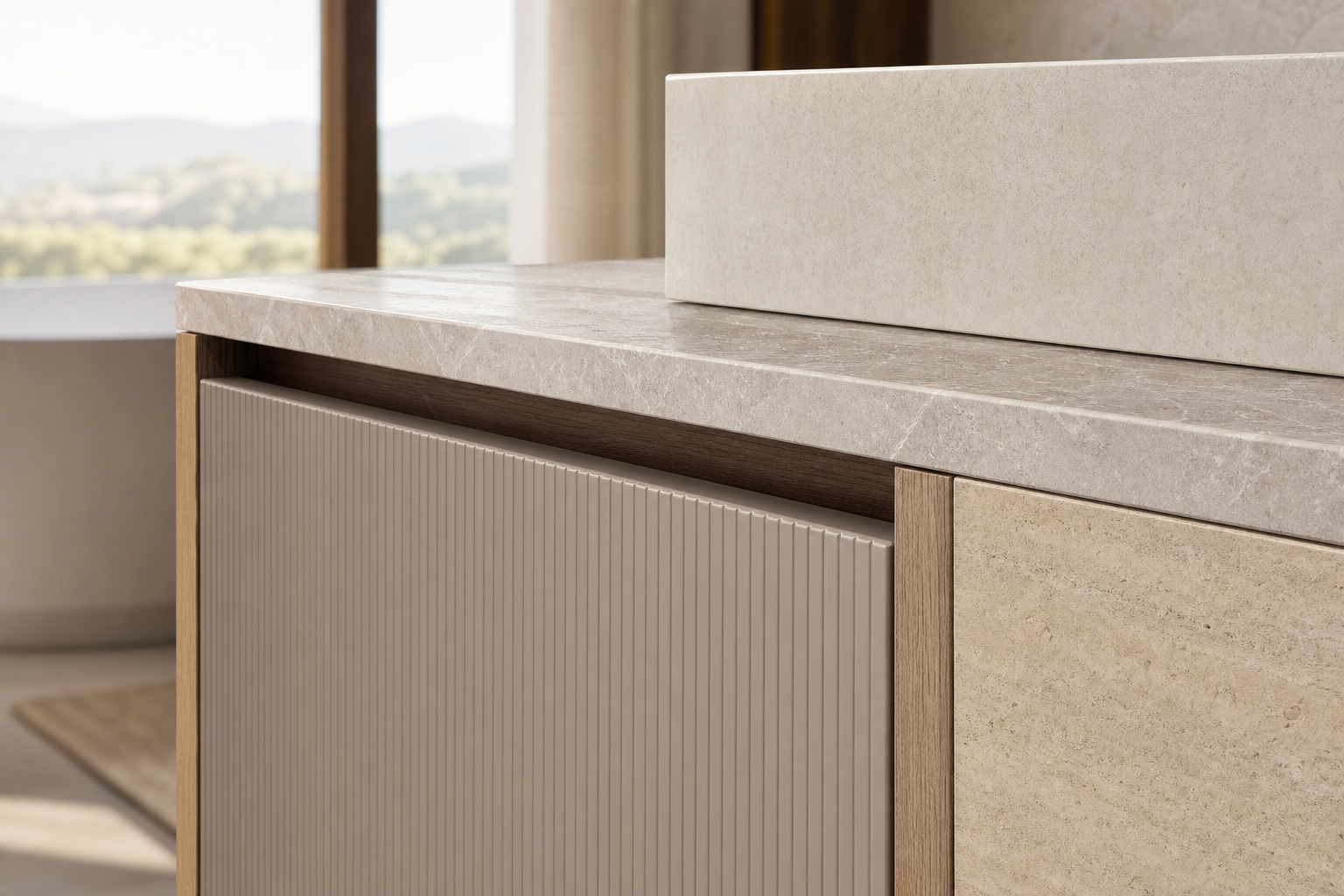 Fadior Voyage Bath Vanity Suite with Pearl Reed Wash Alcove — close-up of stainless steel finish and hardware detail